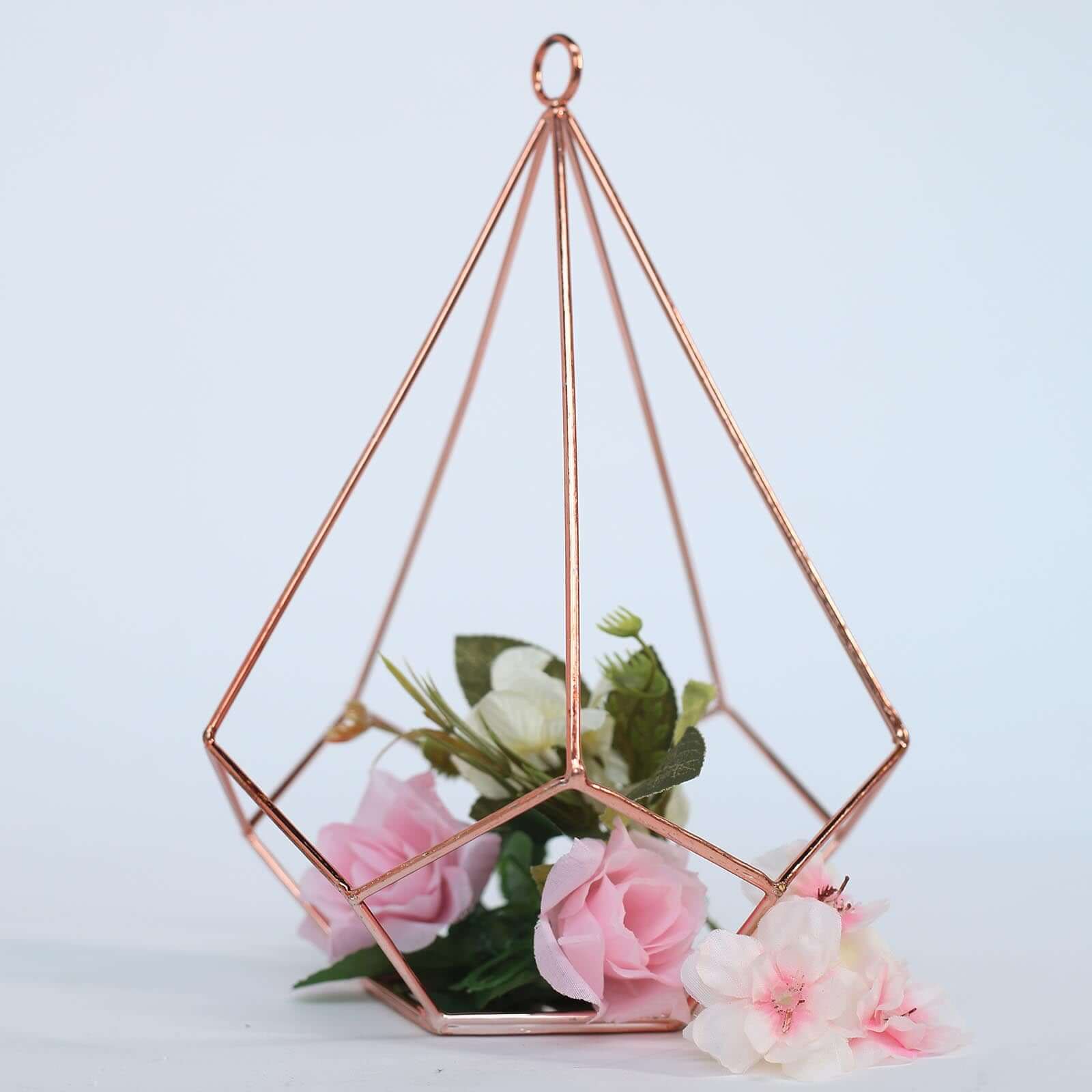 2-Pack Tealight Candle Holders Rose Gold Metal Pentagon Geometric Open Frame - Flower Stand 9"