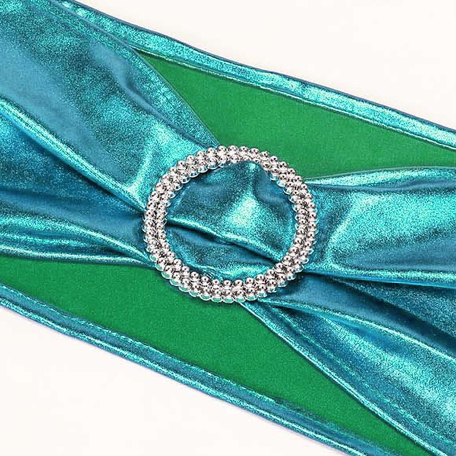 5 Pack Metallic Spandex Chair Sashes Peacock Teal - Stretch Fit Chair Bands With Round Diamond Buckles
