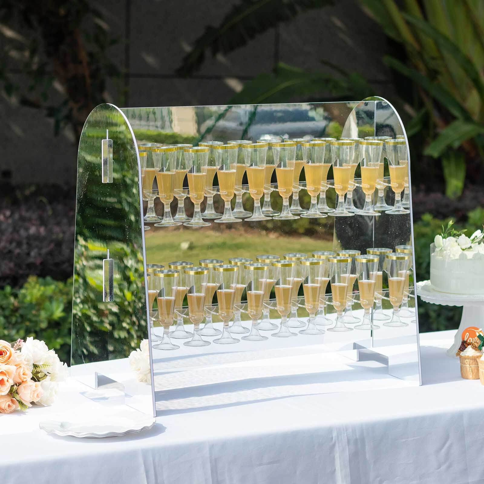 2-Tier Champagne Glass Holder Display Stand Table Top in Silver Mirror Finish - Modern Stemware Rack Cocktail Drink Holder with 18 Hooks for Events & DIY Bars 25"
