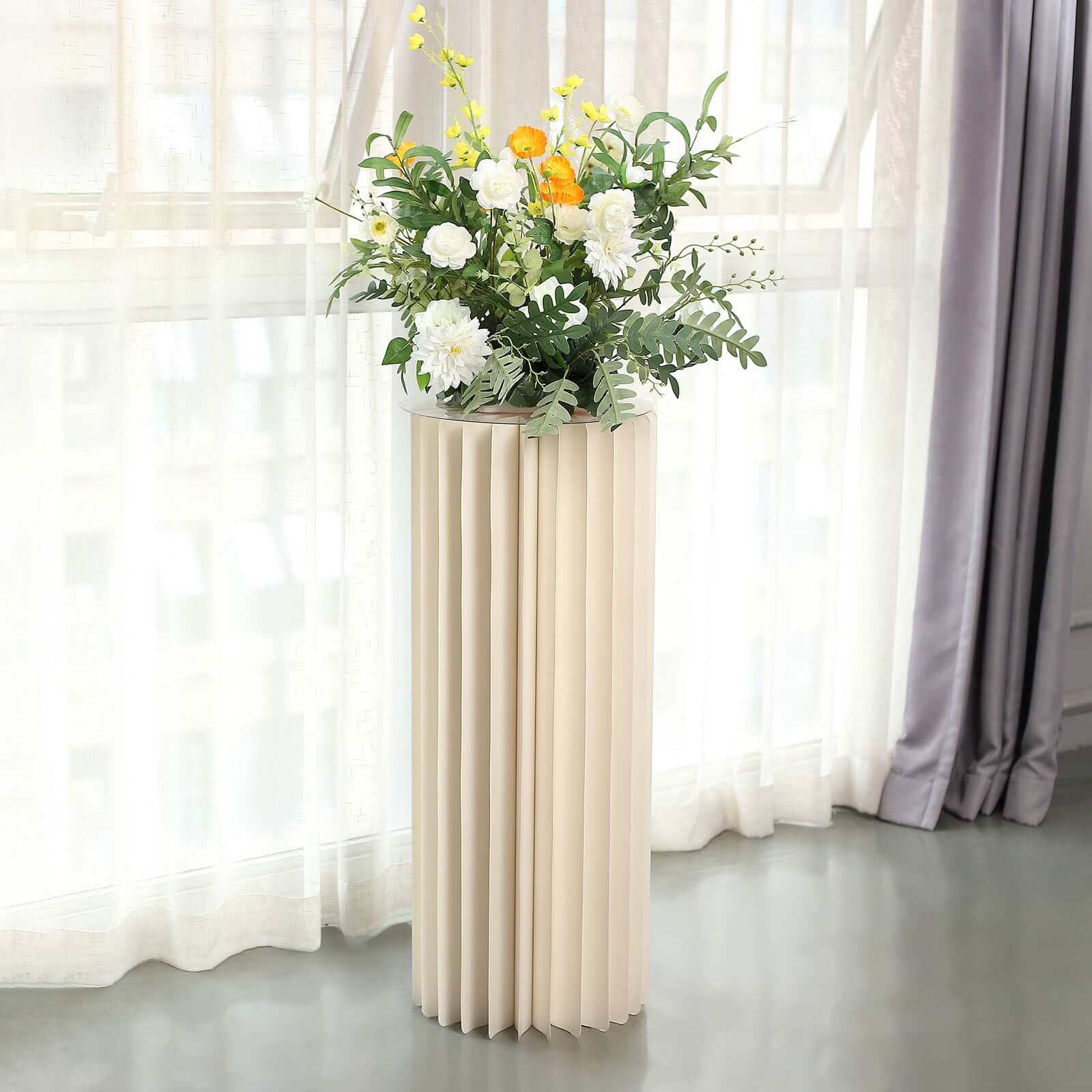 40" Ivory Cylinder Display Column Stand, Pillar Pedestal Stand With Top Plate