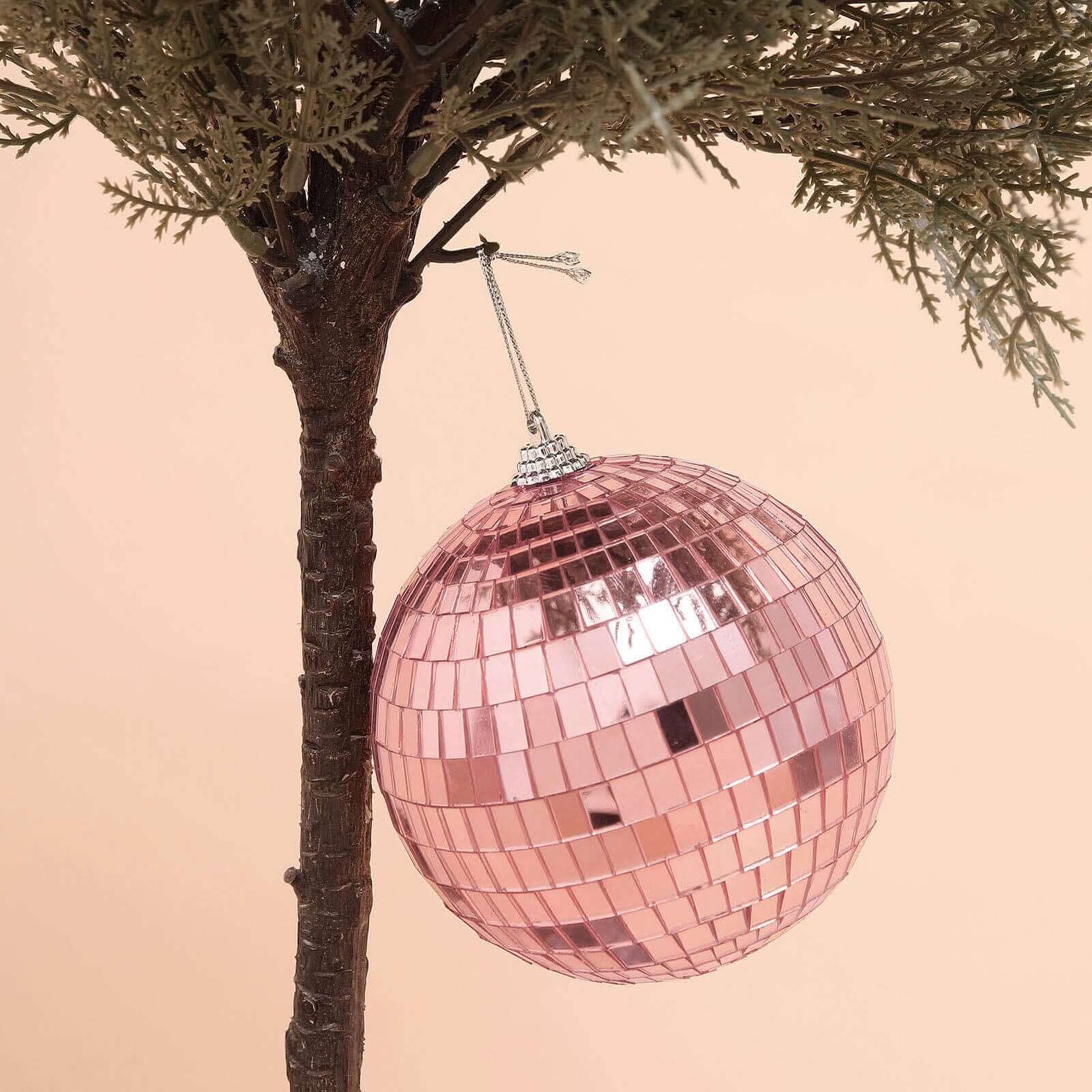 4 Pack 4" Rose Gold Foam Disco Mirror Ball With Hanging Strings, Holiday Christmas Ornaments