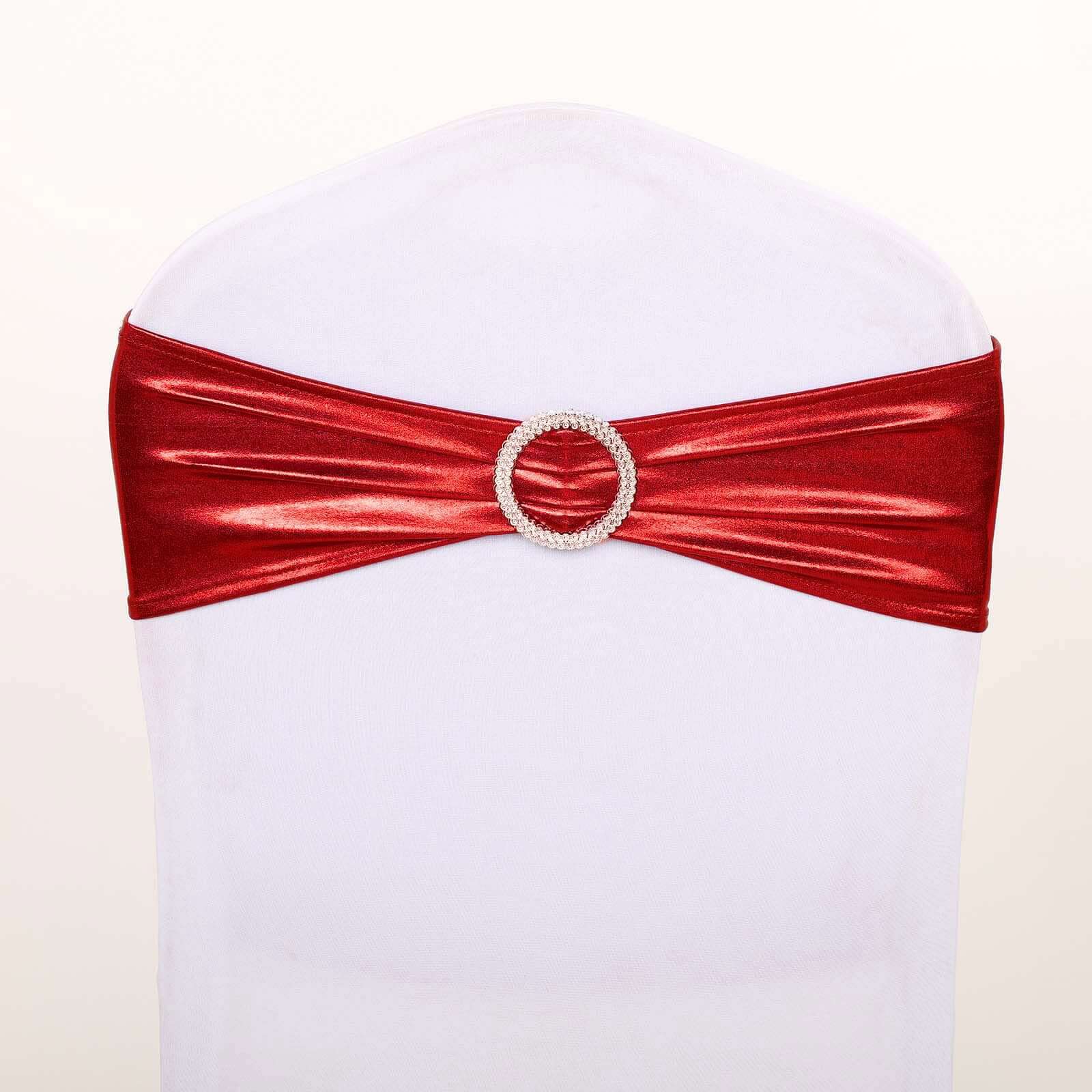 5 Pack Metallic Spandex Chair Sashes Red - Stretch Fit Chair Bands With Round Diamond Buckles