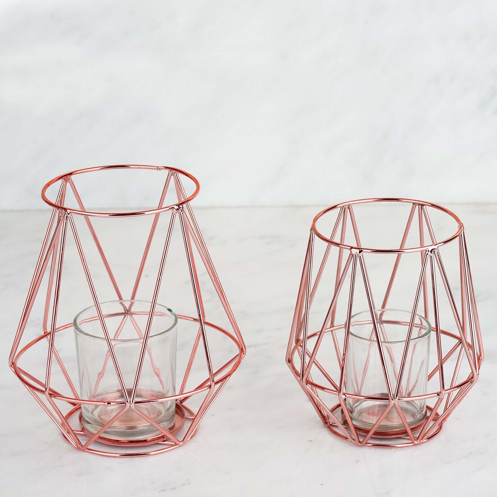 2-Pack Metal Candle Holders Rose Gold Wired Design - Stylish Glass Votive Holder Set 7"