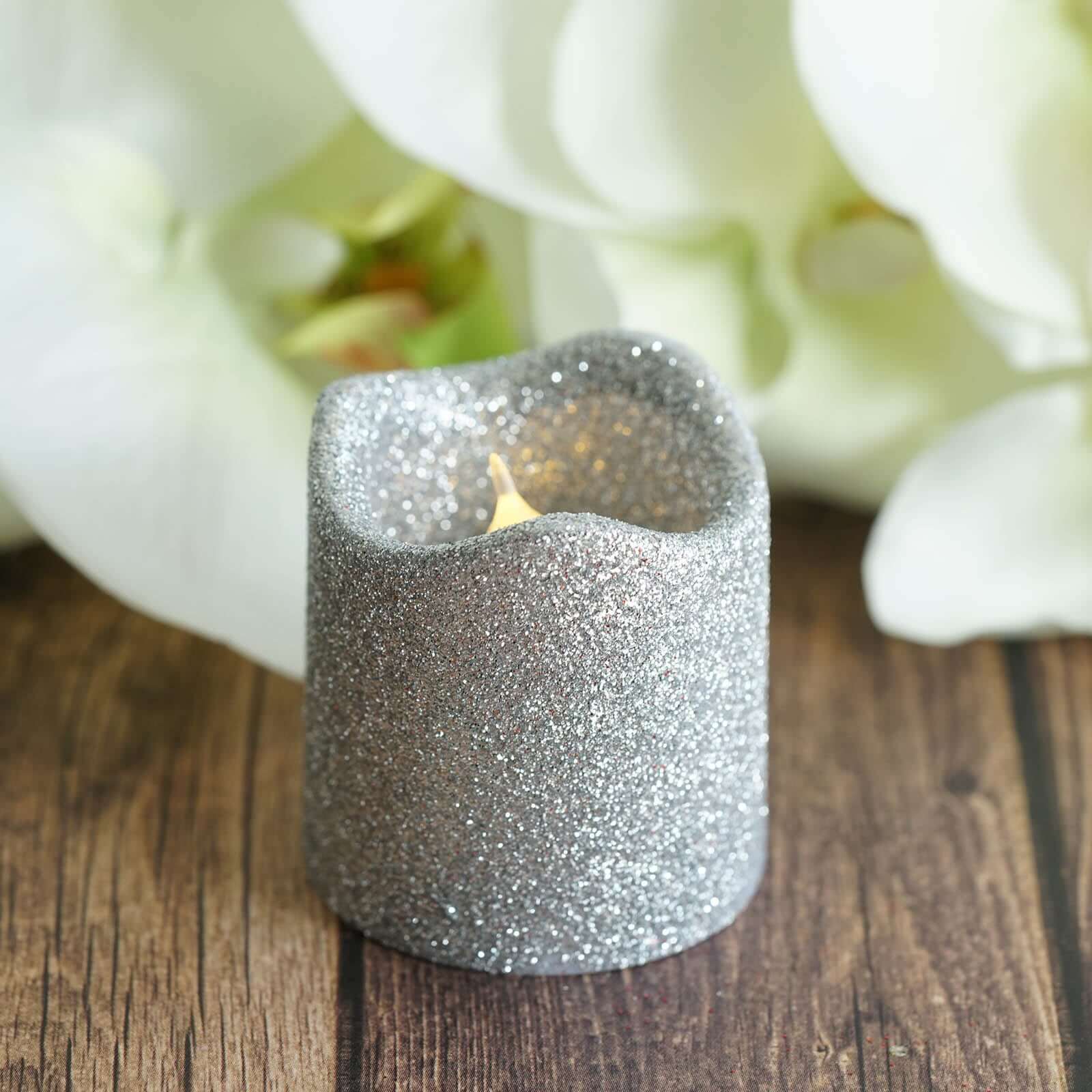 12-Pack LED Votive Candles Glittered Silver Design - Reusable Flameless Battery Operated Lights