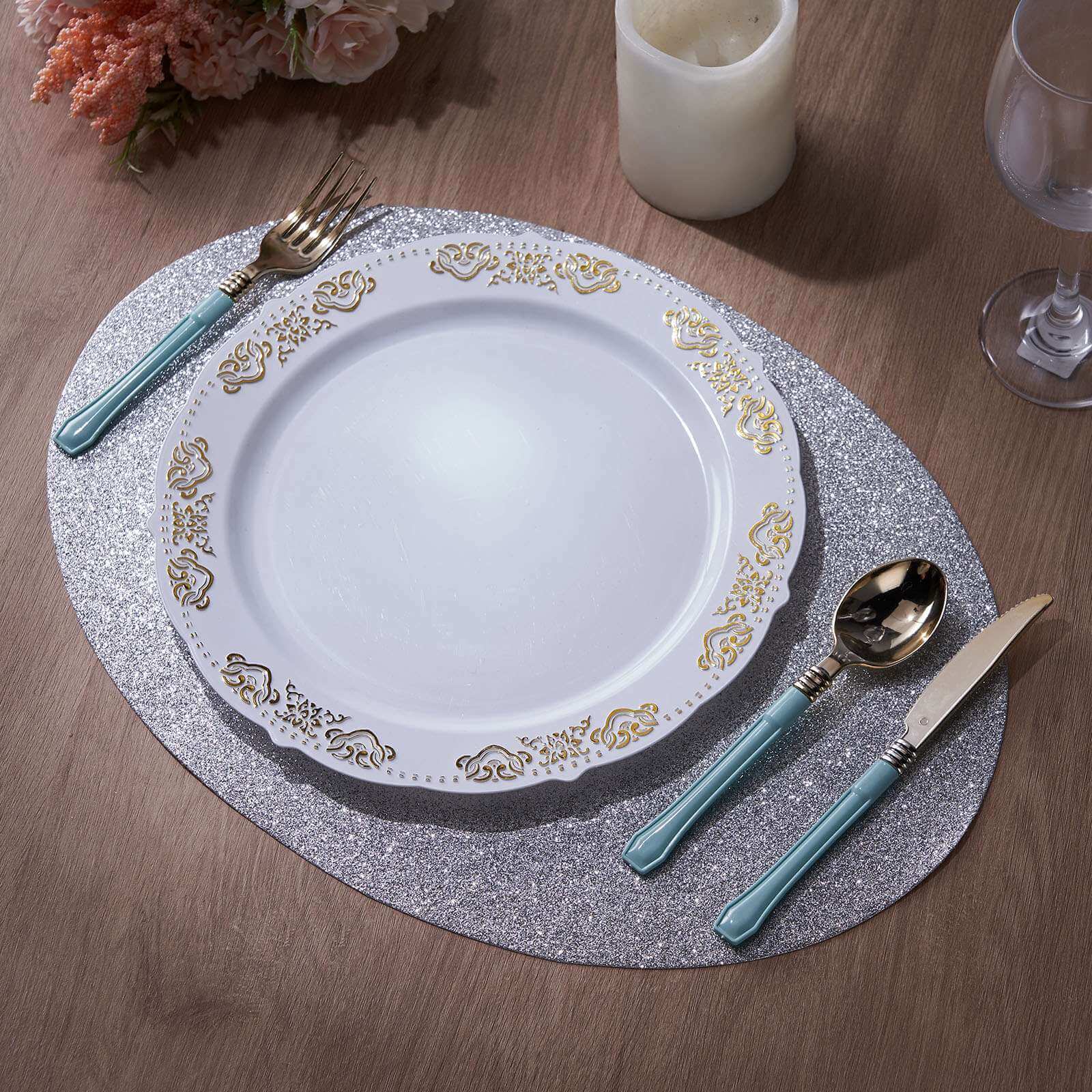 6-Pack Placemats Glitter Design Silver Sparkle Oval - Non-Slip Decorative Table Mats for Dining 12"x18"
