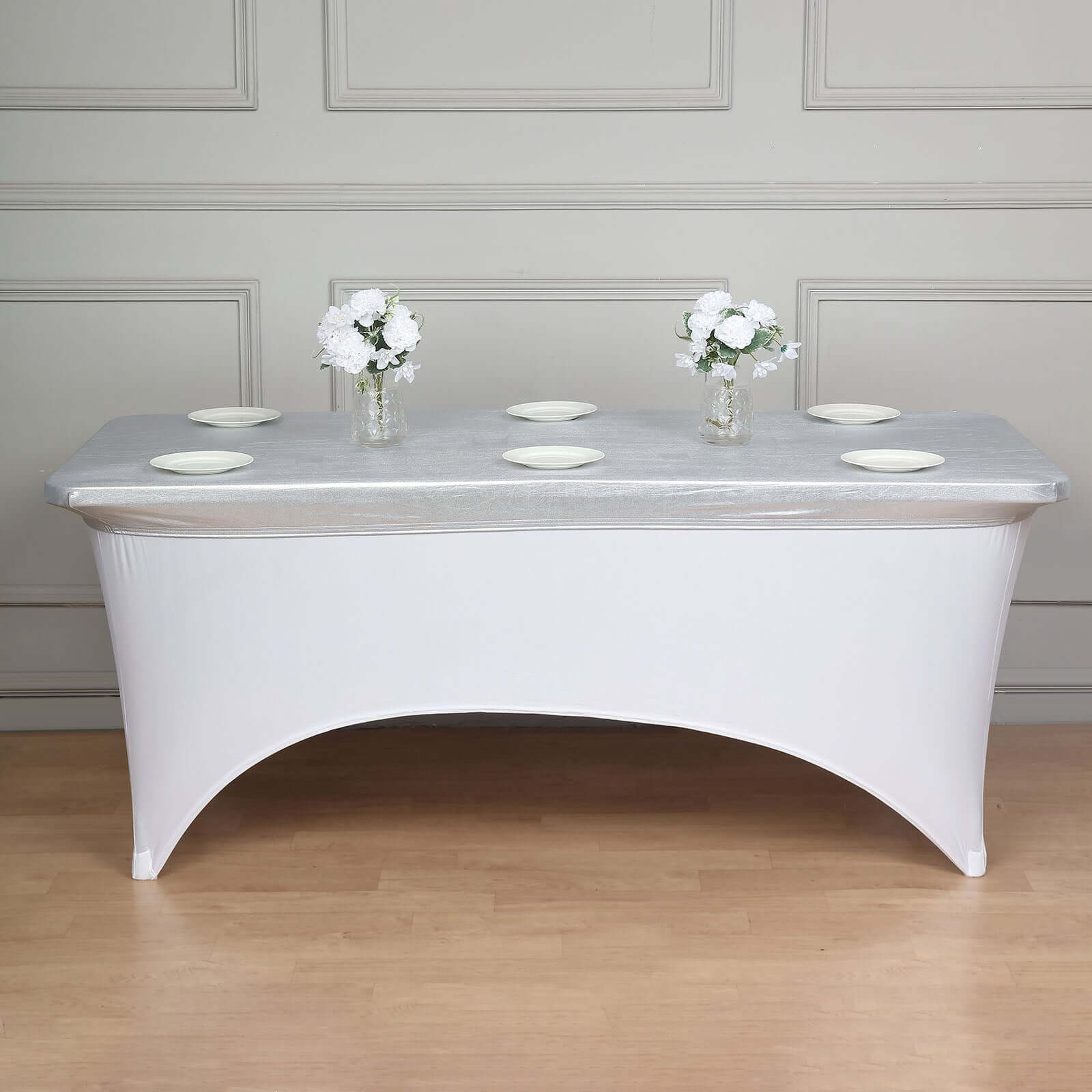 Stretch Spandex 72"x30" Rectangle Table Top Cover Metallic Silver - Easy to Install Fitted Table Topper Cap