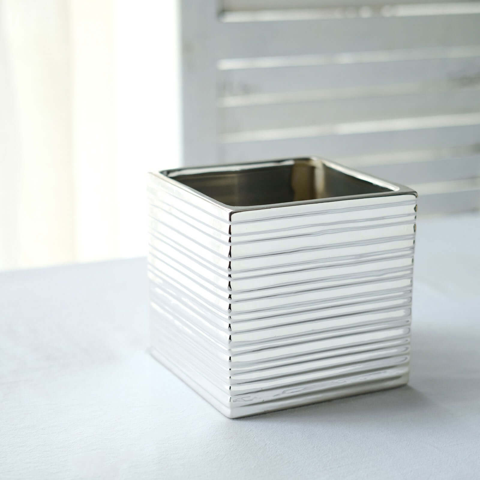 2 Pack 5" Silver Brush Textured Ceramic Square Indoor Plant Pots, Cube Shaped Flower Box