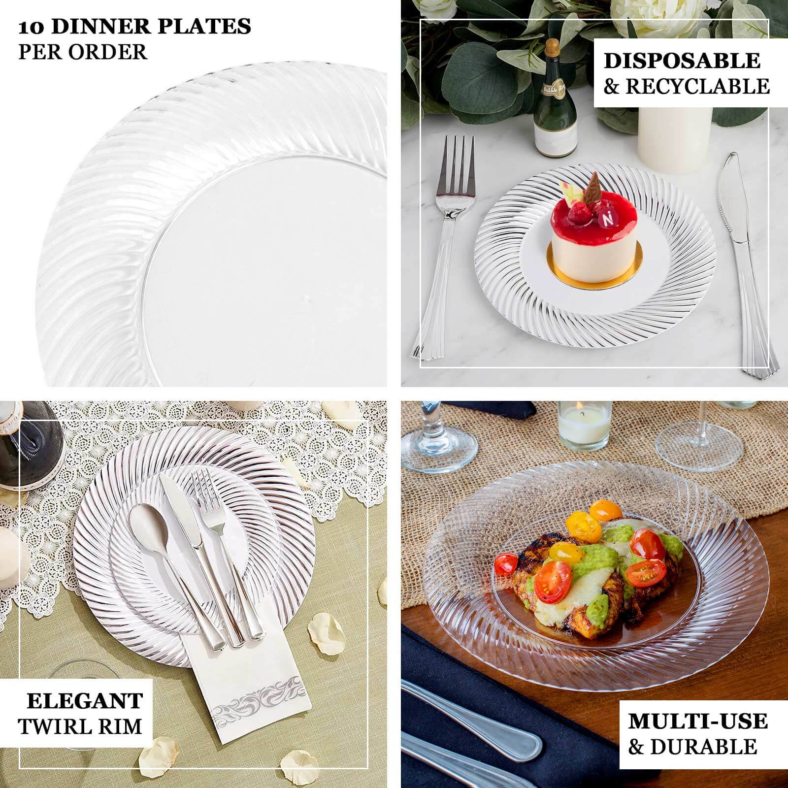 10-Pack Plastic 9" Round Dinner Plates White with Silver Swirl Rim - Disposable Party Plates