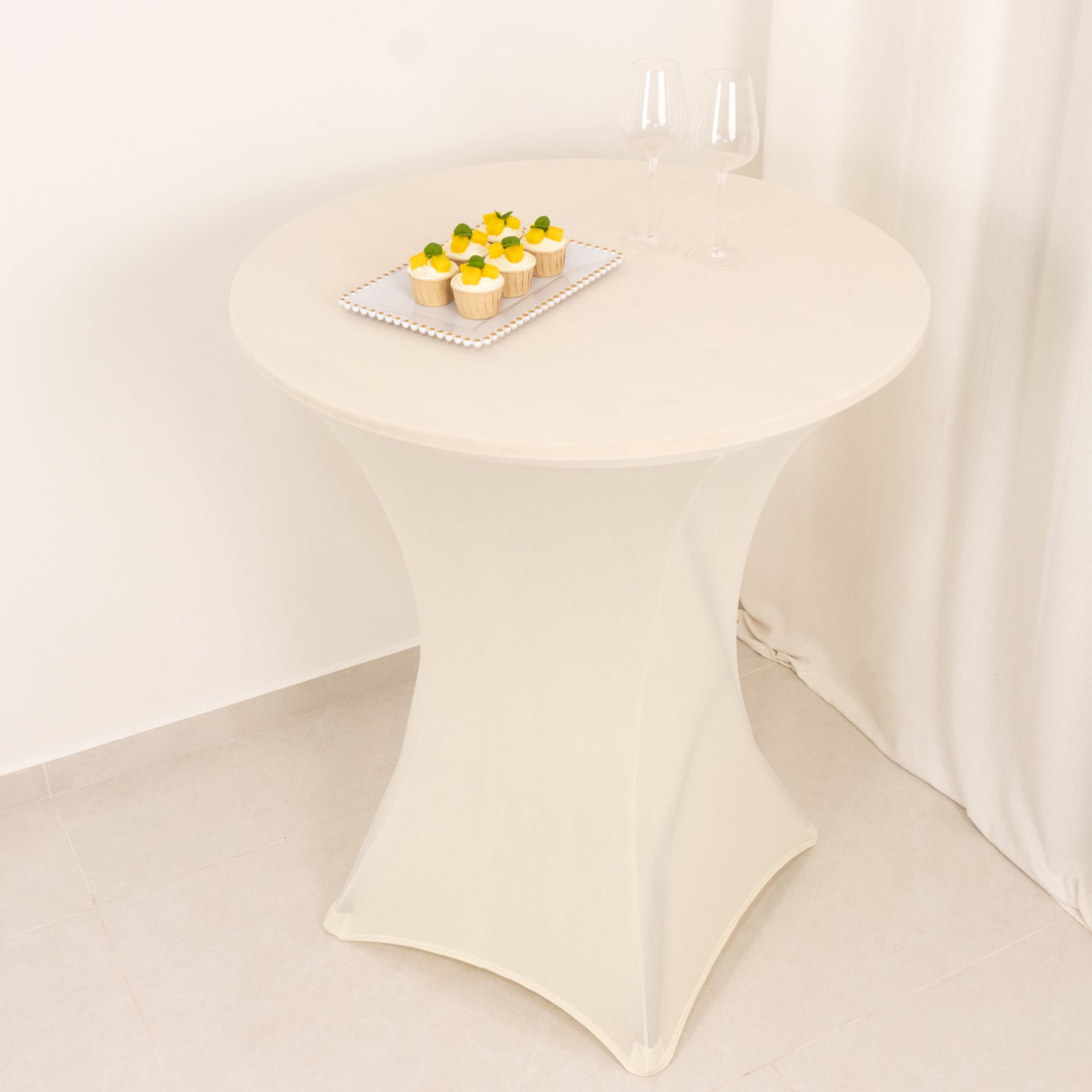Spandex 33"-36" Round Cocktail Table Cover Ivory - Easy to Maintain Stretch Fitted Highboy Tablecloth