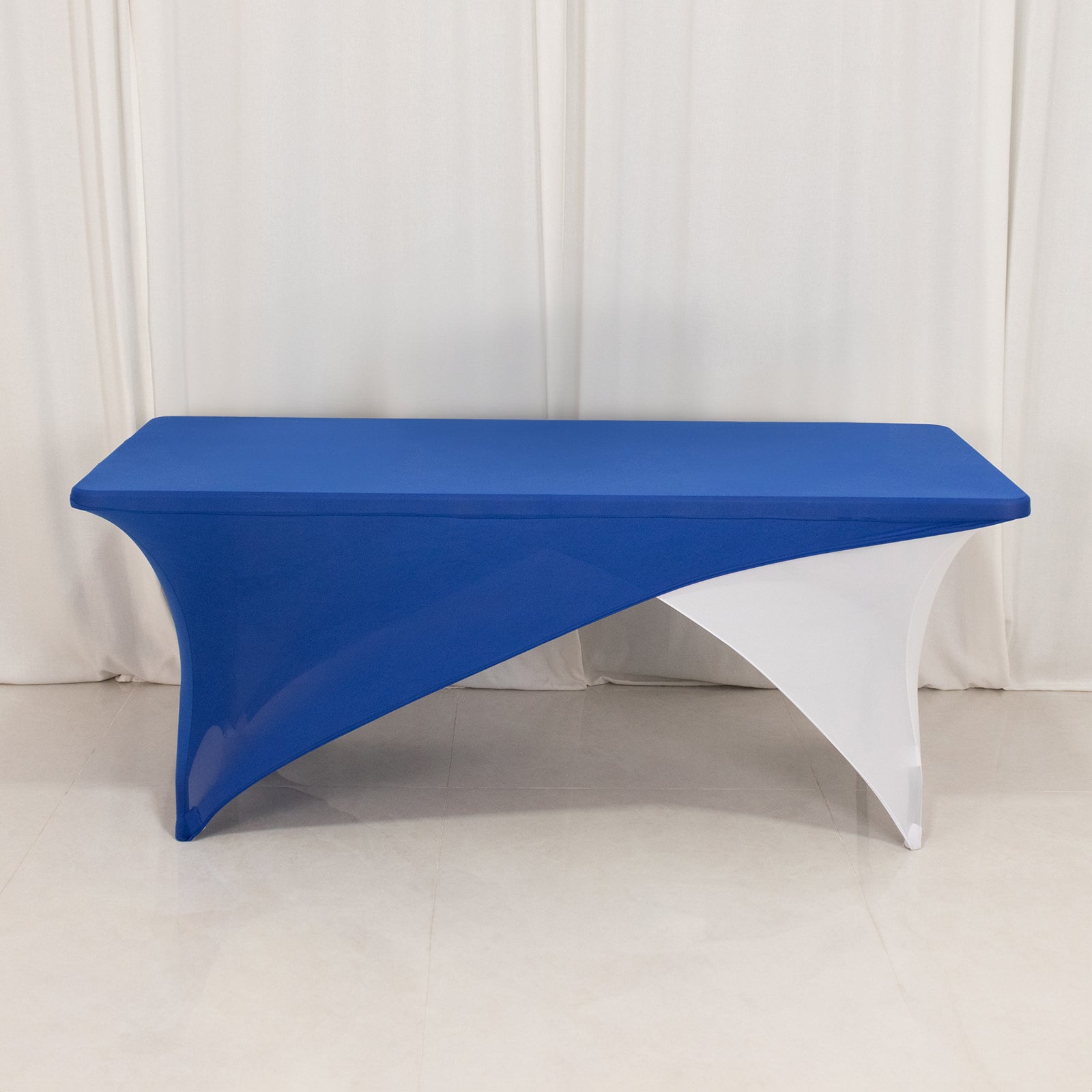 Stretch Spandex 72"x30" Rectangle Table Cover Royal Blue/White Cross Over Design - Two-Piece Fitted Tablecloth with Elastic Foot Pockets