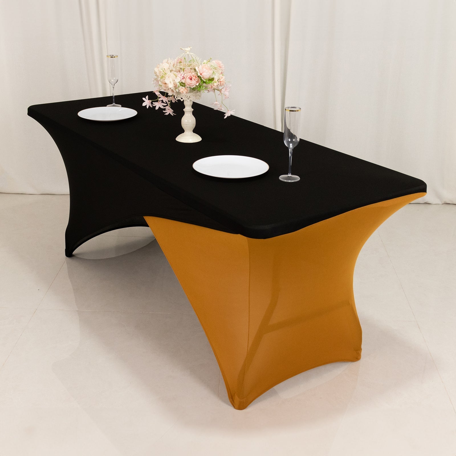 Stretch Spandex 72"x30" Rectangle Table Cover Black/Gold Cross Over Design - Two-Piece Fitted Tablecloth with Elastic Foot Pockets
