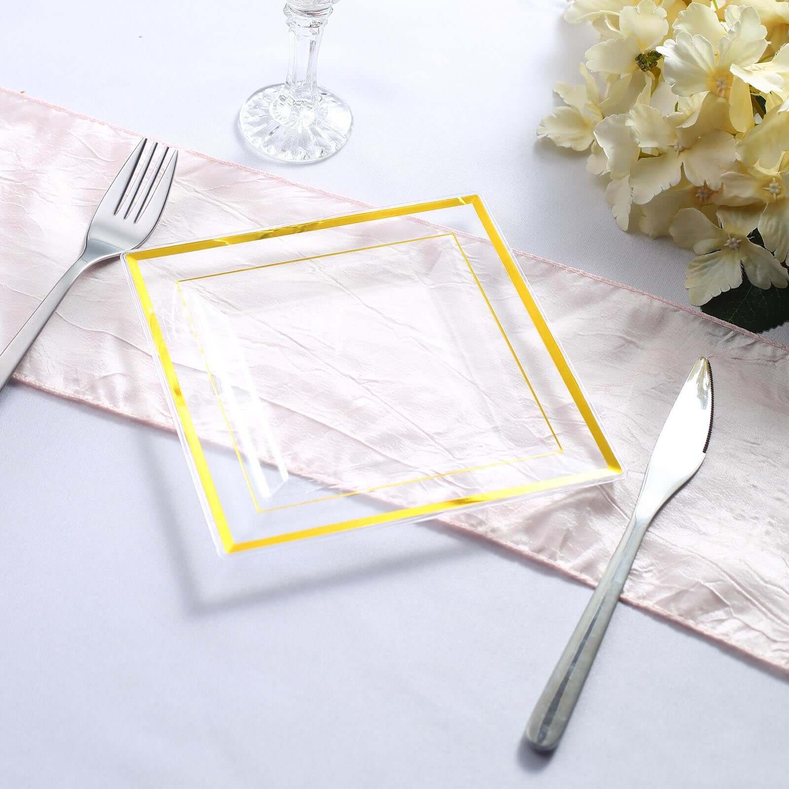 10-Pack Plastic Salad Dessert Plates Clear Square with Gold Trim - Durable Disposable Appetizer Plates 7"