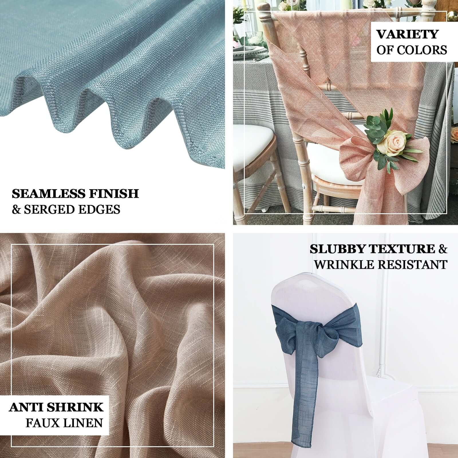 5 Pack Linen Chair Sashes 6"x108" Slubby Textured Silver - Durable Wrinkle-Resistant Decor for Weddings & Gatherings