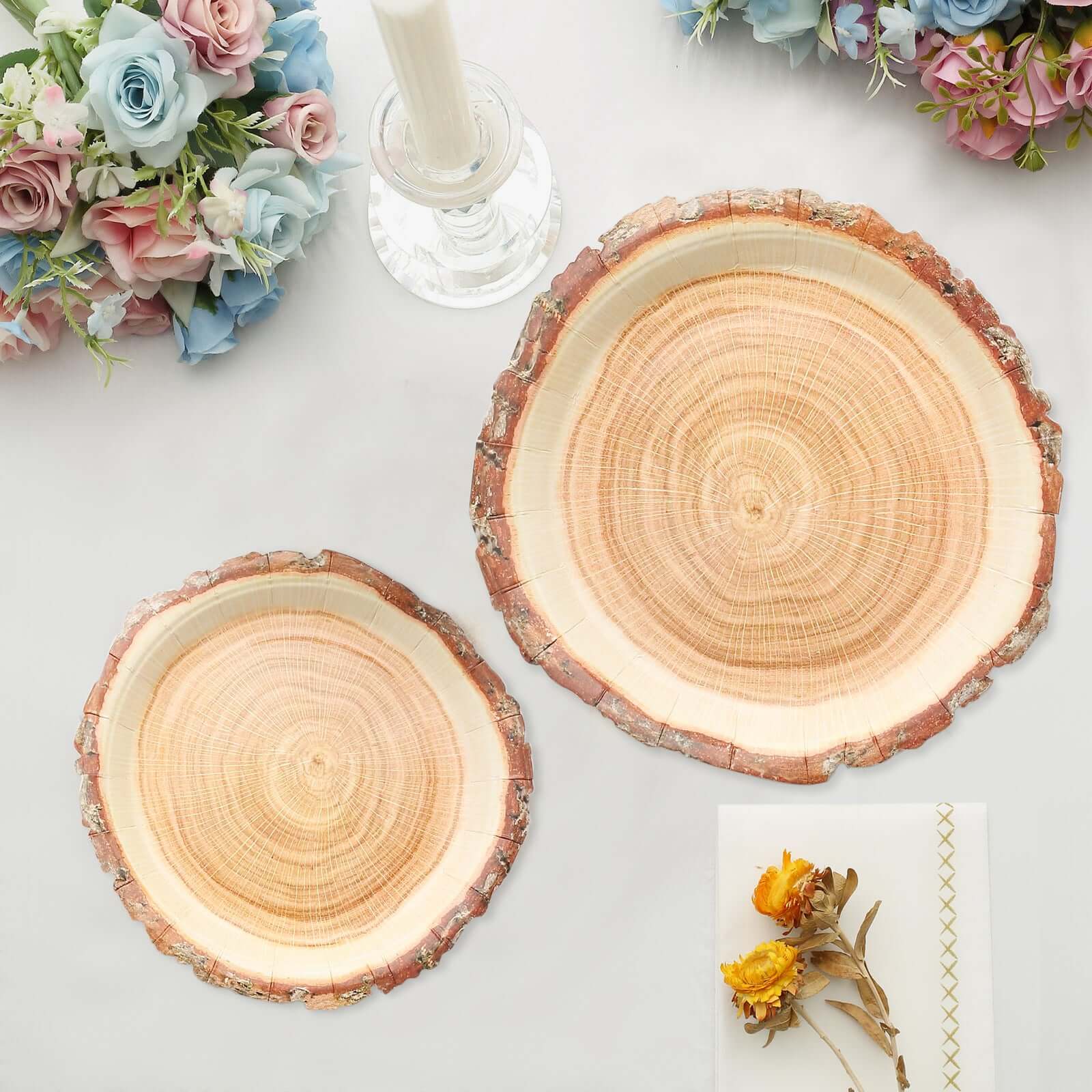 25-Pack Paper 7" Round Dessert Plates in Natural Wood Slice Print - Disposable Appetizer Salad Plates for Rustic Farmhouse Style Events