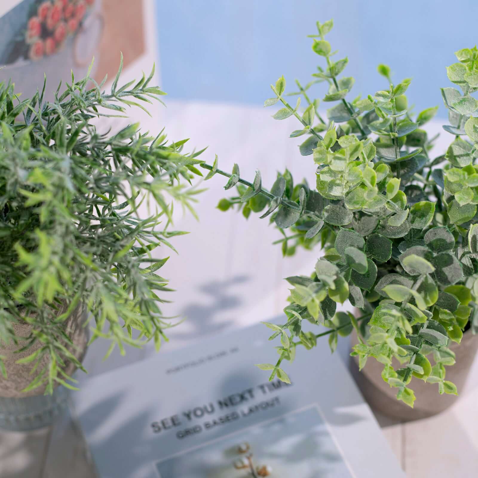 3 Plant Set Mini Potted Artificial Eucalyptus, Rosemary and Boxwood Faux Planter Collection - Small Decorative Faux Herb Garden for Desk Countertops Table Shelf Display 9"