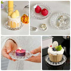 6-Pack Glass Pillar Candle Holder Plates Clear with Beaded Rims - Transparent Small Round Coaster Trays 4"