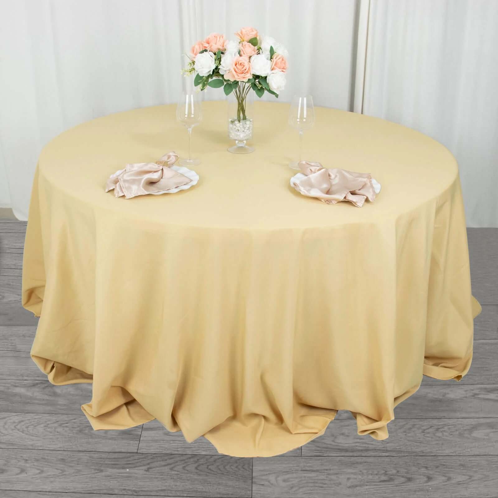 Premium Polyester 132" Round Tablecloth Champagne - Seamless 220GSM Wrinkle-Resistant Table Cover