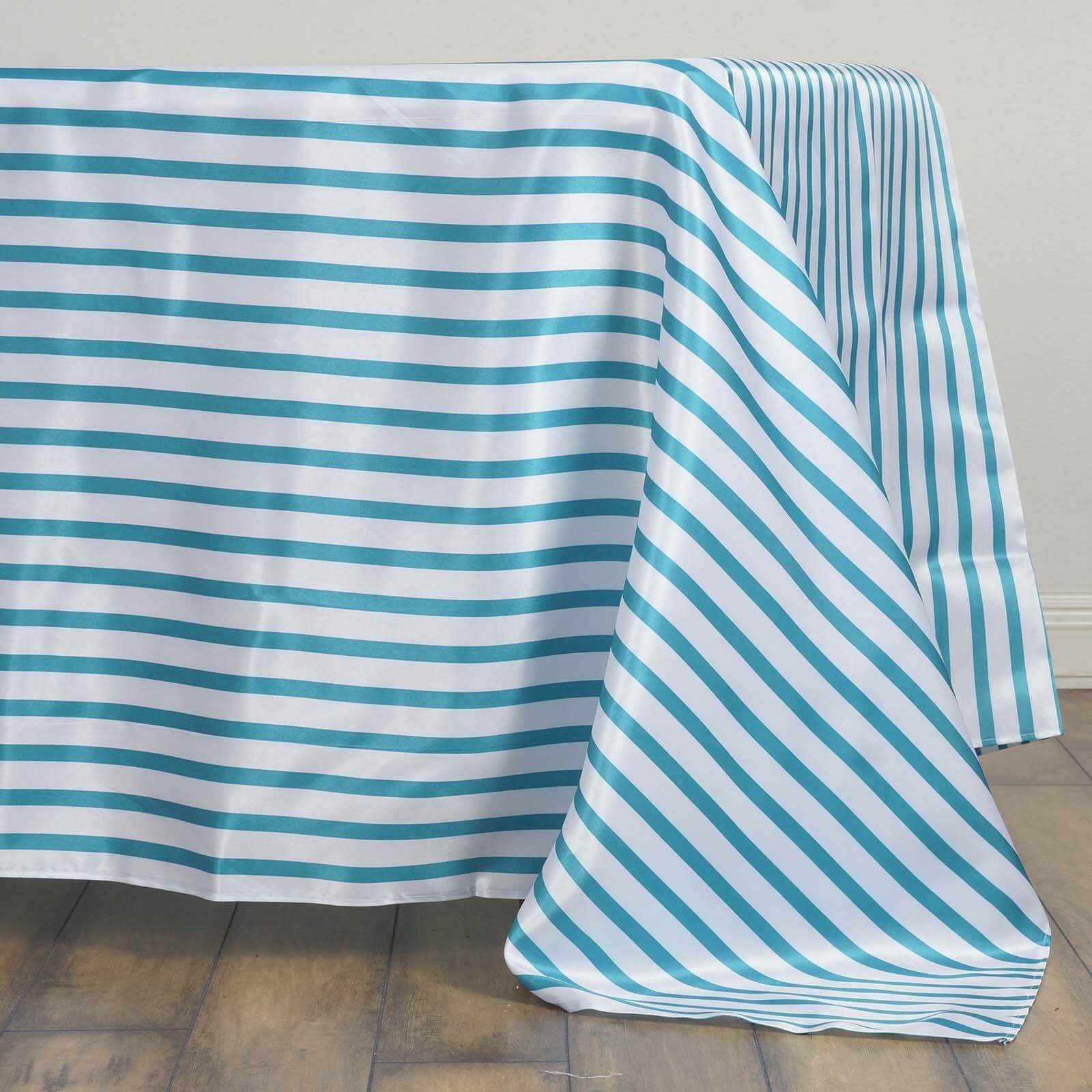 Satin 60"x126" Rectangle Tablecloth White/Turquoise - Stripe Design with Smooth Finish Table Cover