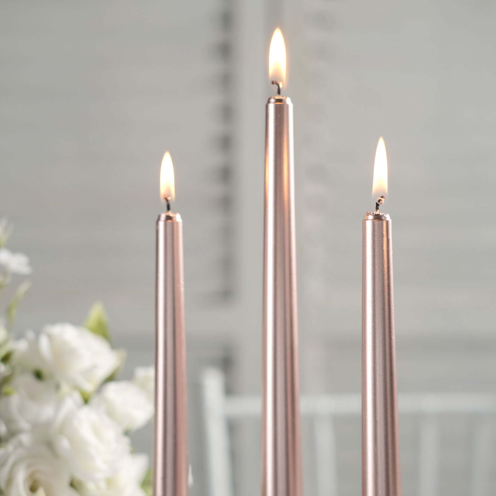 12-Pack Taper Candles Premium Wax Design Metallic Rose Gold - Unscented Candles for Upscale Settings 10"