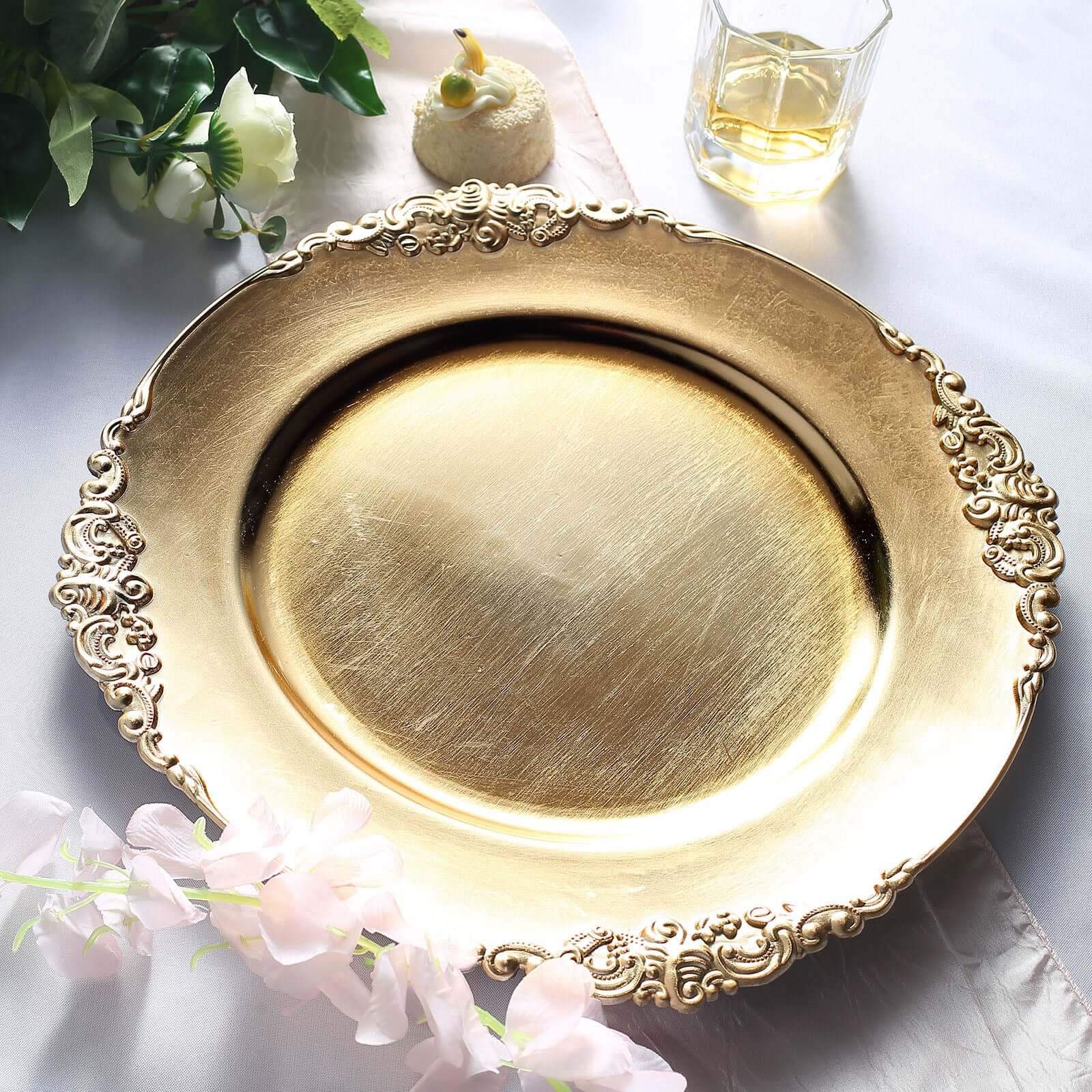 6-Pack Acrylic Round Charger Plates 13" in Gold with Embossed Baroque Rim, Antique Decorative Dinner Party Charger Tableware