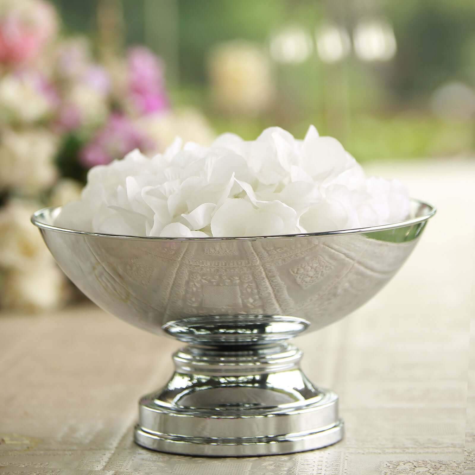 Metal Pedestal Flower Pot Round Design Metallic Silver - Floating Candle Bowl and Display Dish 12"