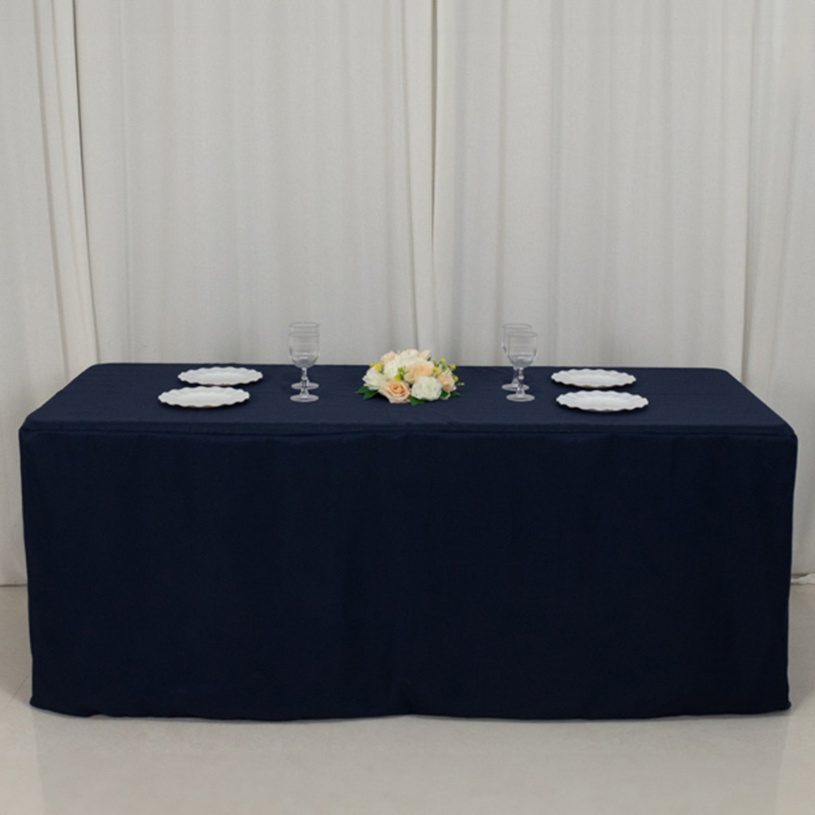 Fitted Polyester 72"x30" Rectangle Tablecloth Navy Blue with Open Back Design - Easy to Maintain and Wrinkle-Resistant Table Cover