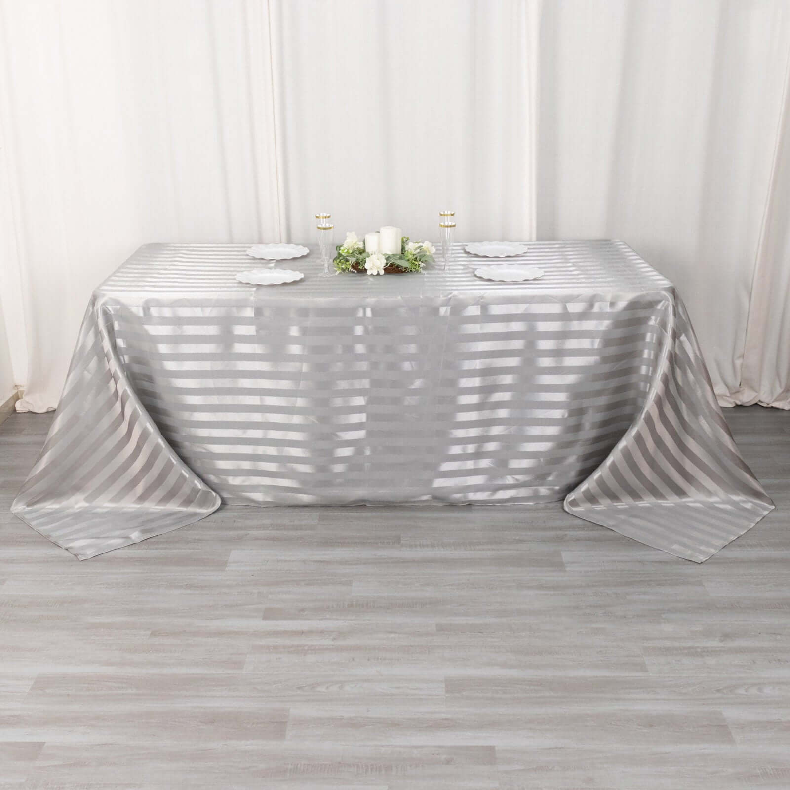 Satin Striped 90"x132" Rectangular Tablecloth Silver Satin Stripe - Seamless Silky Smooth Table Cover