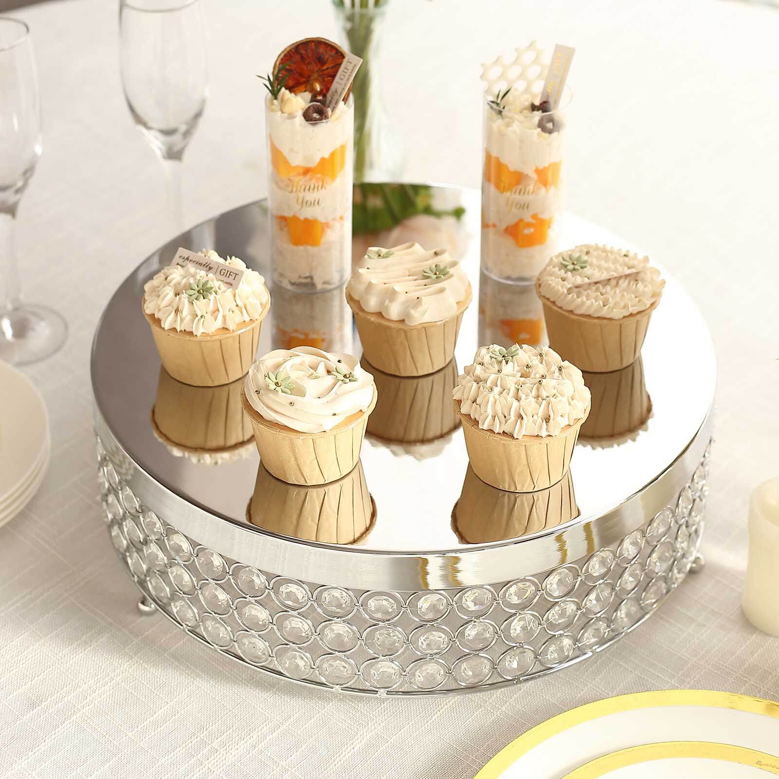 Metal Cake Stand Pedestal Crystal Beaded Design Silver - Cupcake Display and Dessert Riser 16"