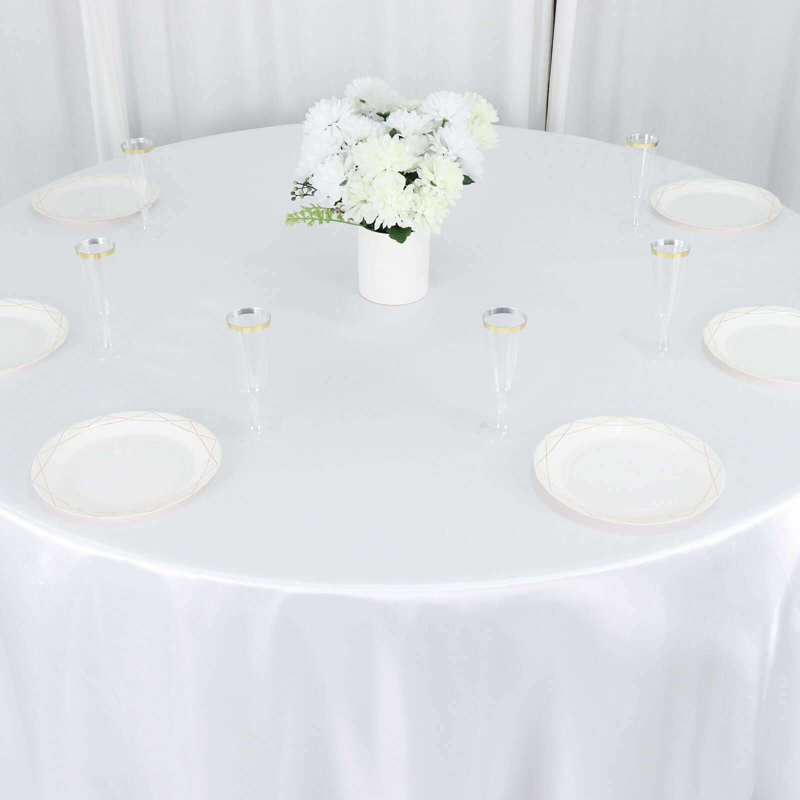 Satin 132" Round Tablecloth White - Stylish Seamless Table Cover for Weddings & Events