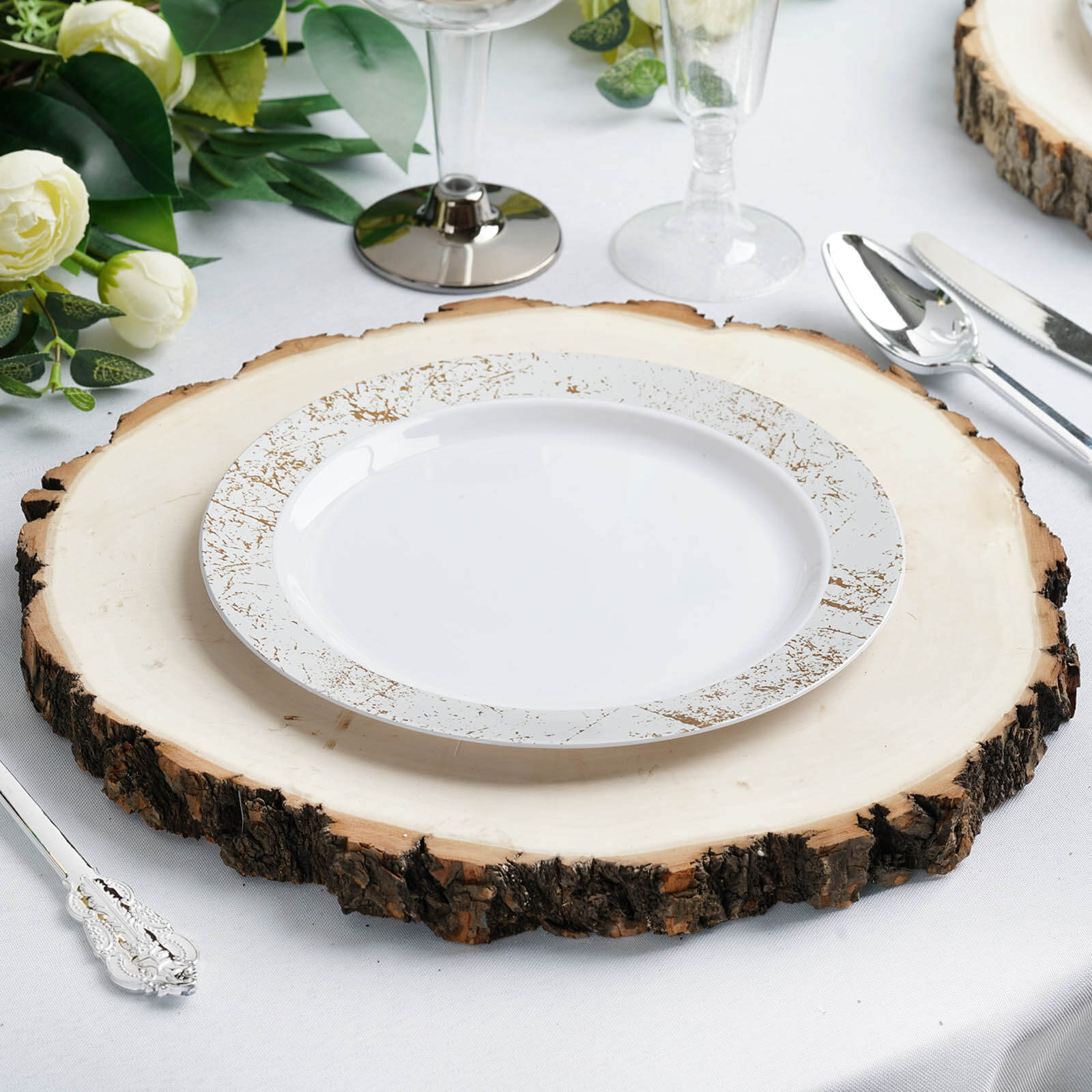 12" Dia Natural Wood Charger Plates With Bark Edge Wood Slice Chargers Rustic Wedding Table Settings