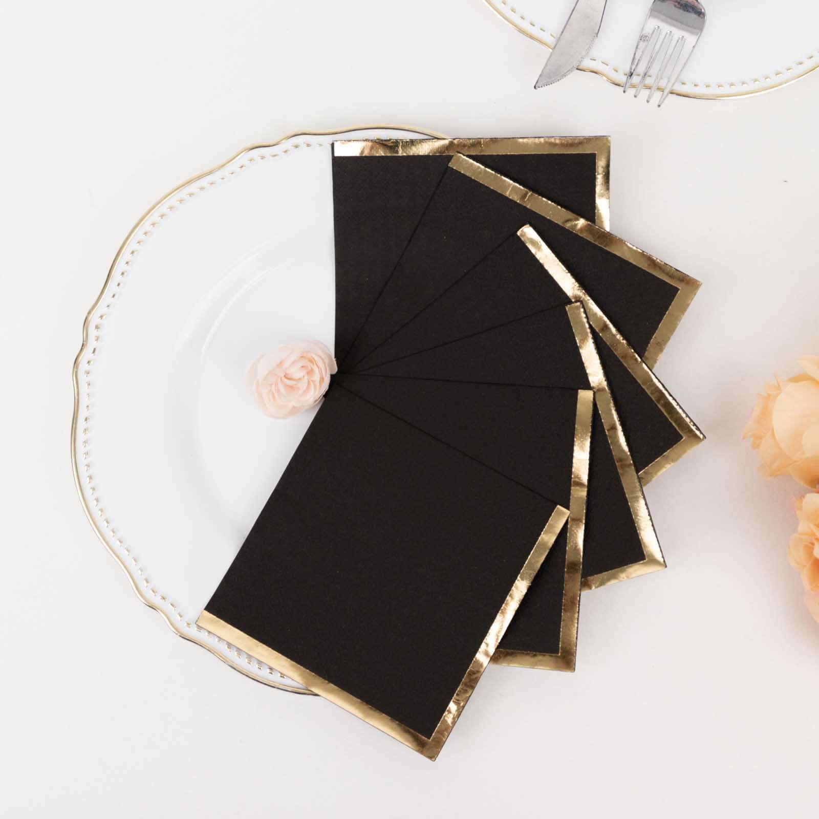 50-Pack Paper Beverage Napkins Black with Gold Foil Edge - 2 Ply Disposable Soft 18GSM Cocktail Napkins for Events 5"x5"