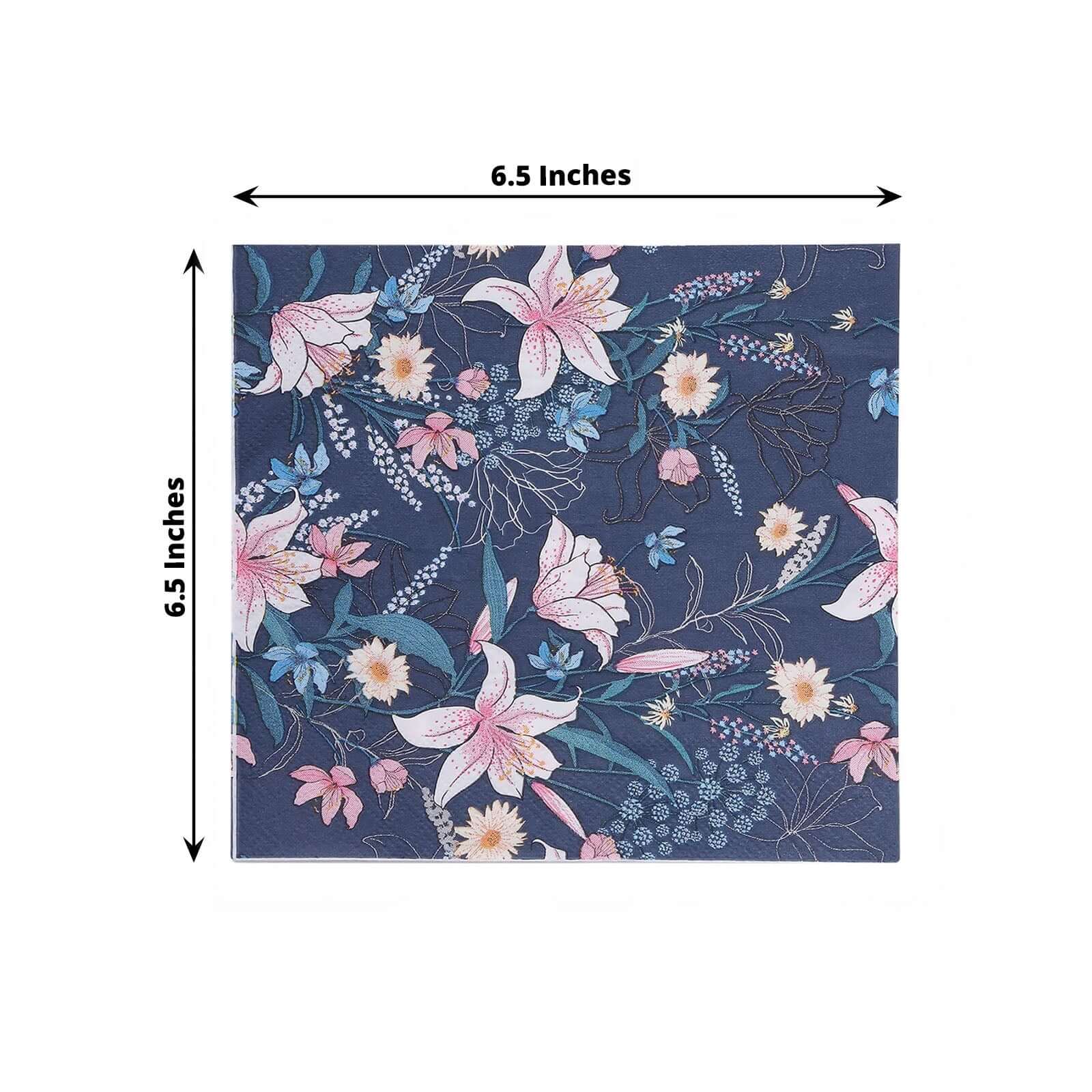 50-Pack Paper Beverage Napkins with Water Lily Floral Design Navy Blue - 2 Ply Soft 18GSM Wedding Napkins 6.5"x6.5"