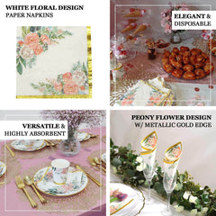 20-Pack Paper Cocktail Napkins with Pink Peony Floral Design and Gold Trim White - 2 Ply Wedding Beverage Napkins 18GSM