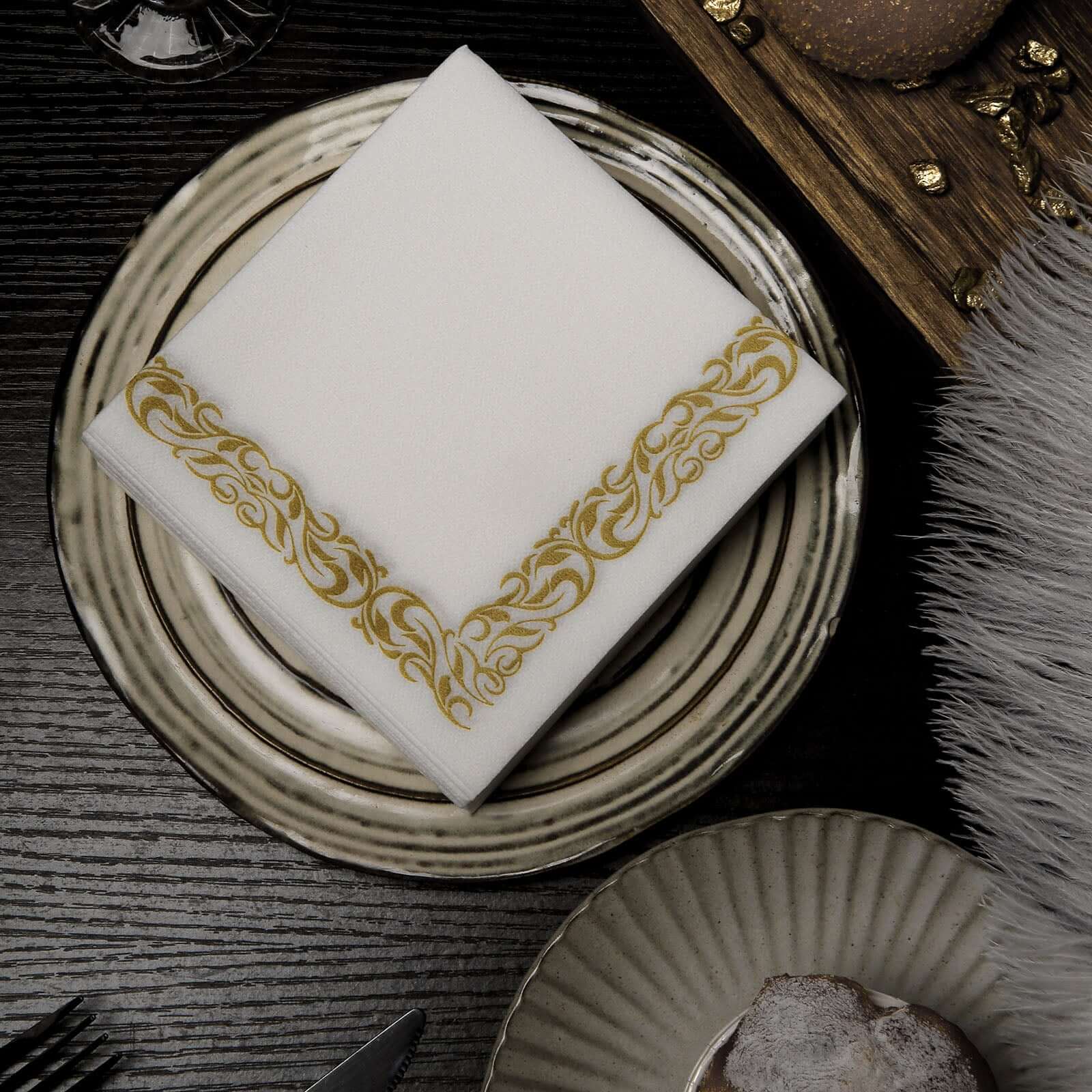 20 Pack Linen-Like Paper 5"x5" Napkins White with Gold Scroll Floral Design - Soft & Absorbent Airlaid Party Napkins