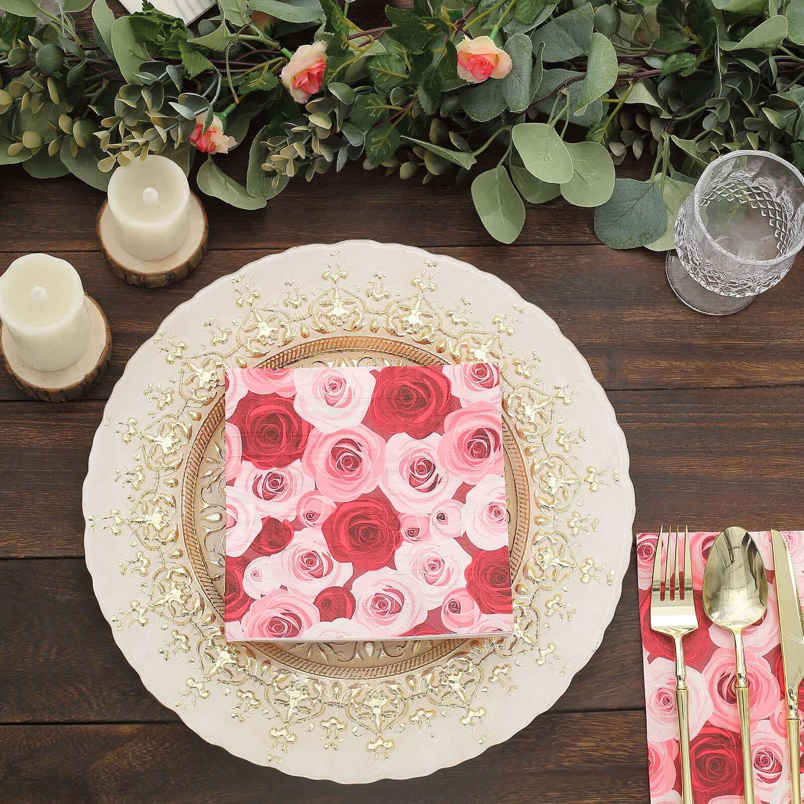 50-Pack Paper Beverage Napkins with Floral Design Red/Pink - 2 Ply Soft 18GSM Rose Garden Wedding Napkins 6.5"x6.5"