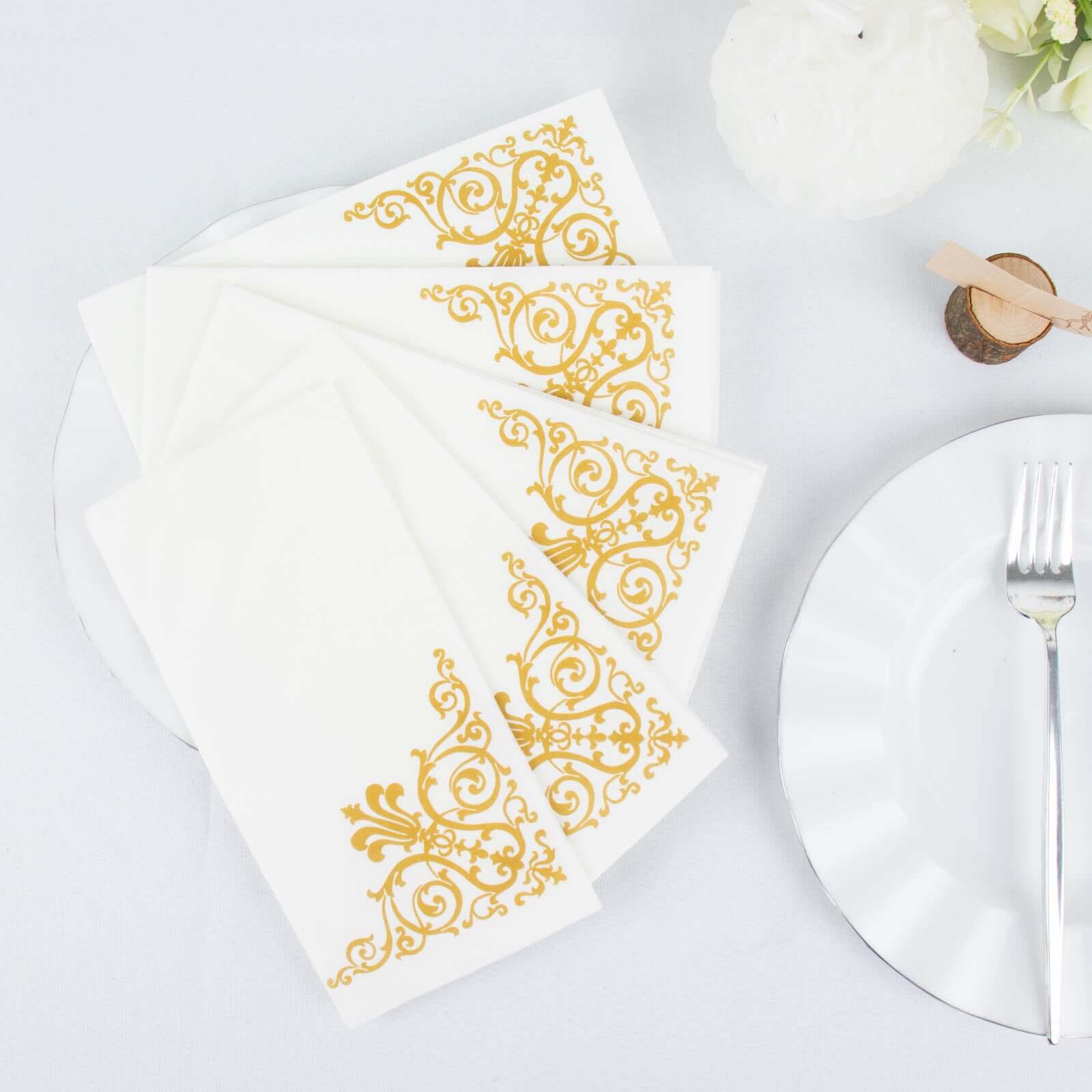 25 Pack White Linen-Feel Dinner Paper Napkins with Gold Fleur Vintage Print, Premium Cloth-Like Airlaid Disposable Napkins, Soft and Absorbent Guest Towels