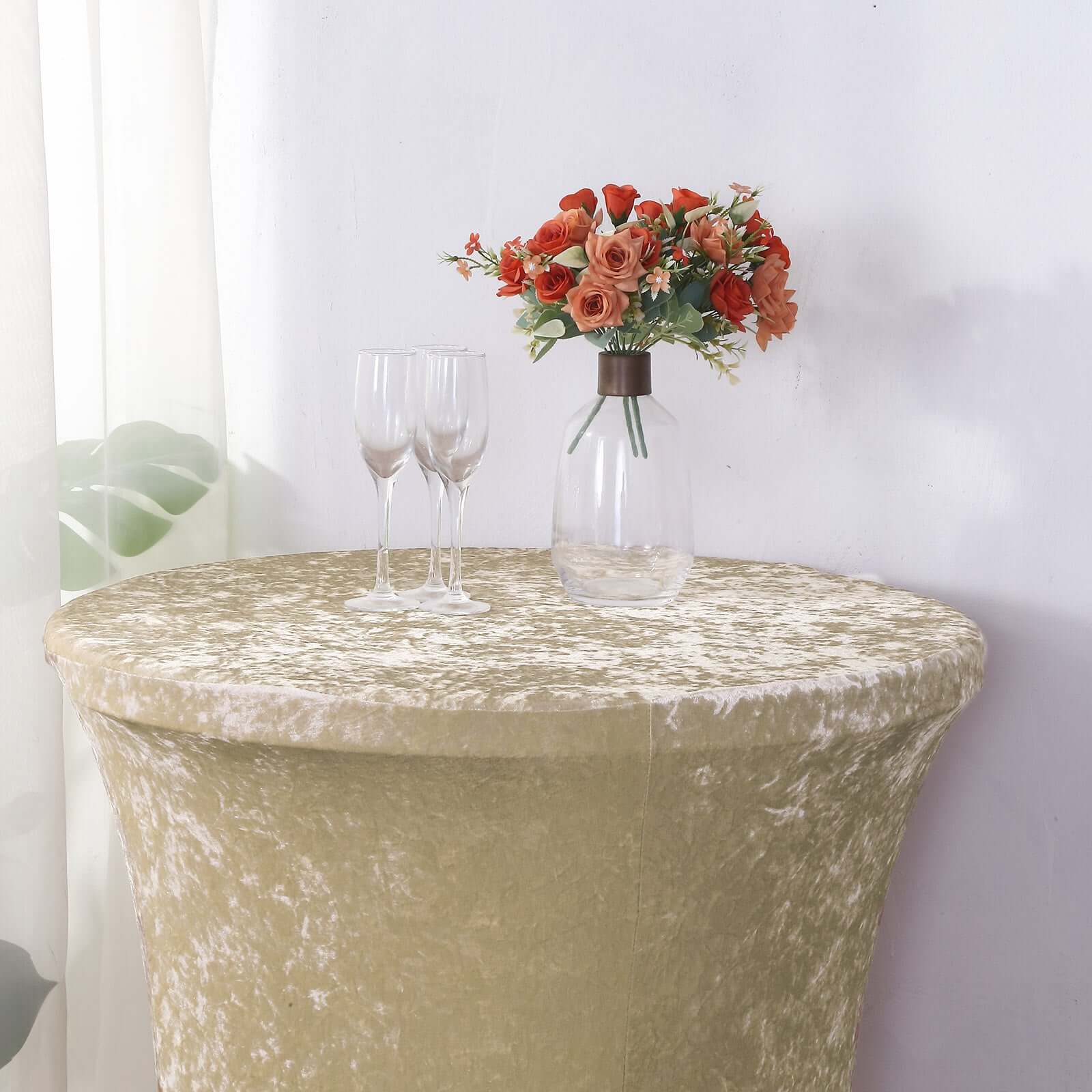 Crushed Velvet Spandex 32" Round Cocktail Table Cover Beige Smooth Highboy Tablecloth