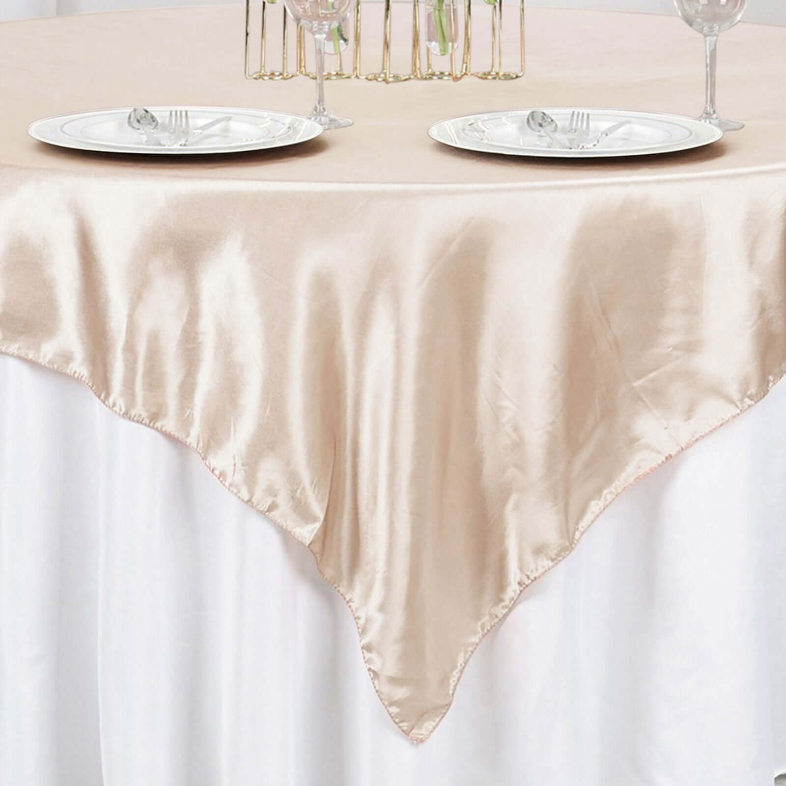 Satin 90"x90" Table Overlay Square Tablecloth Beige - Smooth Finish Table Topper