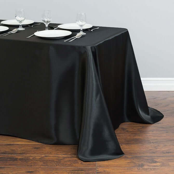 Satin Rectangular 90"x132" Tablecloth Black Satin - Seamless Stylish Table Cover for Weddings and Parties