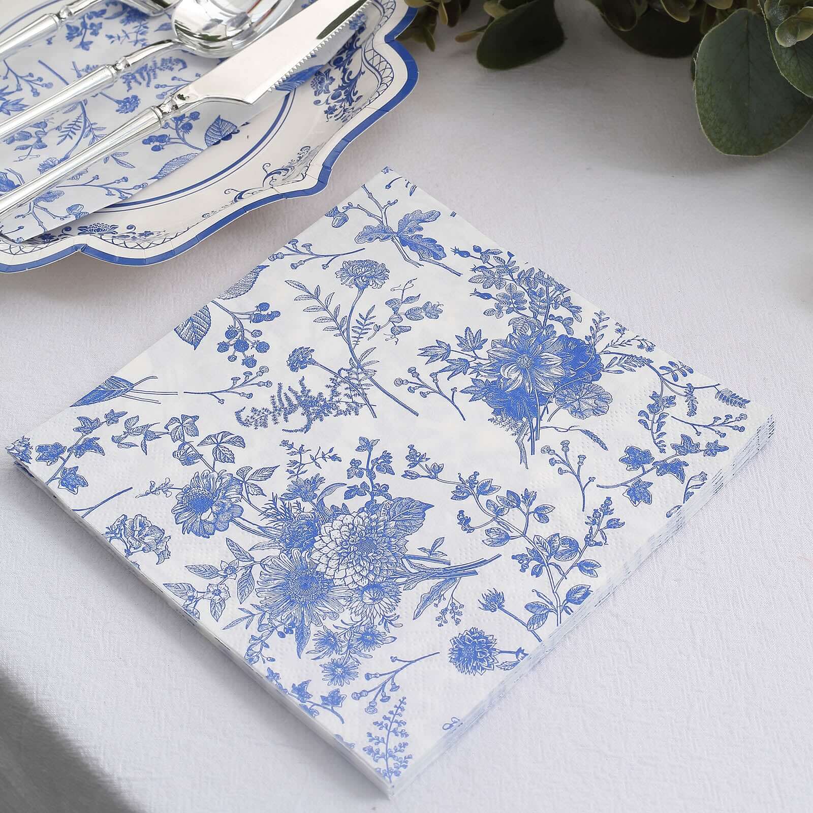 20-Pack Paper Cocktail Napkins with French Toile Print White/Blue - Disposable 2 Ply Beverage Napkins for Events 5"x5"