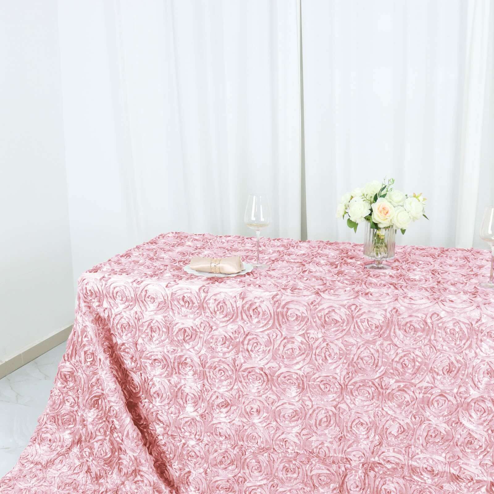 Satin 90"x156" Rectangle Tablecloth Blush - Grandiose 3D Rosette Table Cover with Seamless Finish