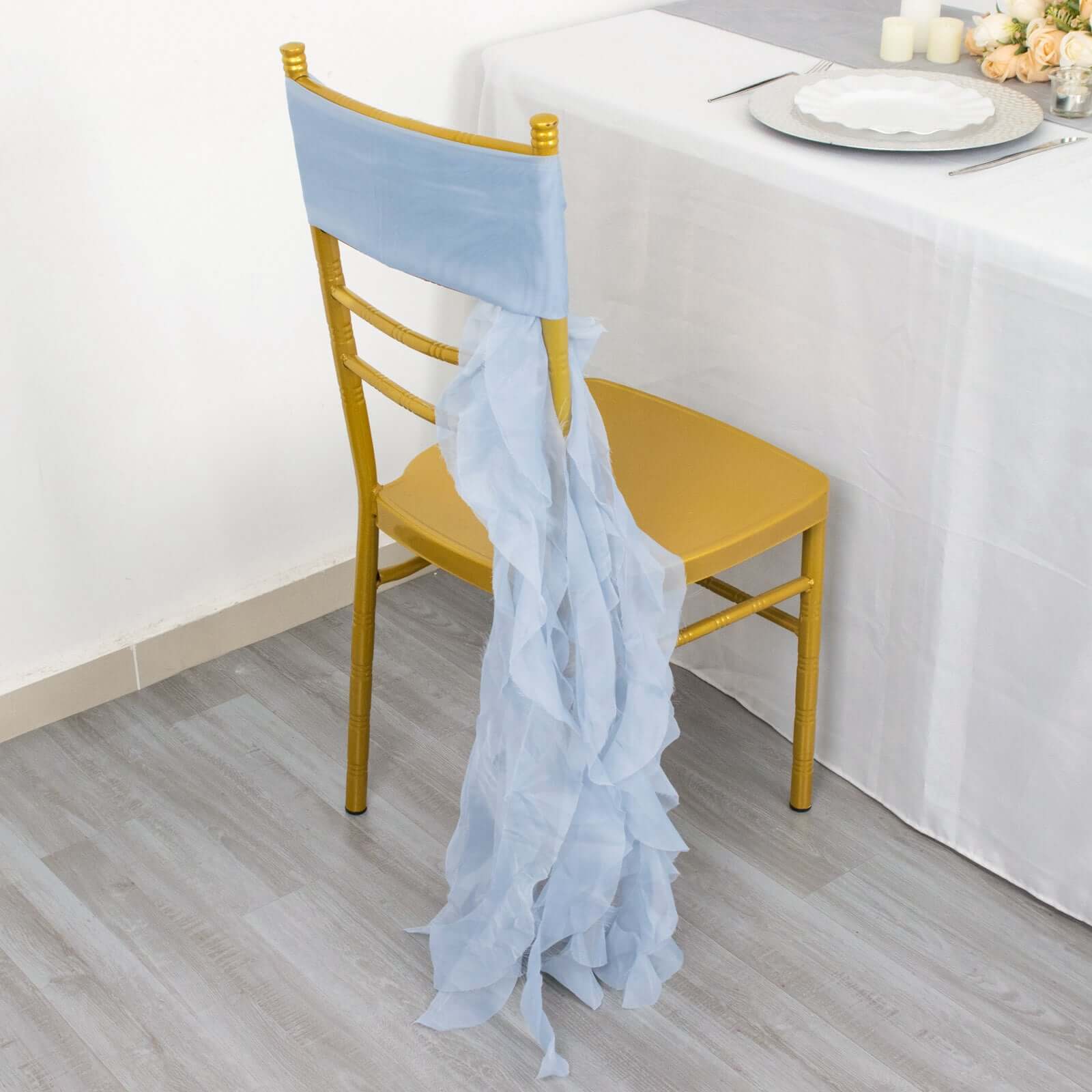 Chiffon Chair Sash with Curly Design Dusty Blue - Stylish Chair Decorations