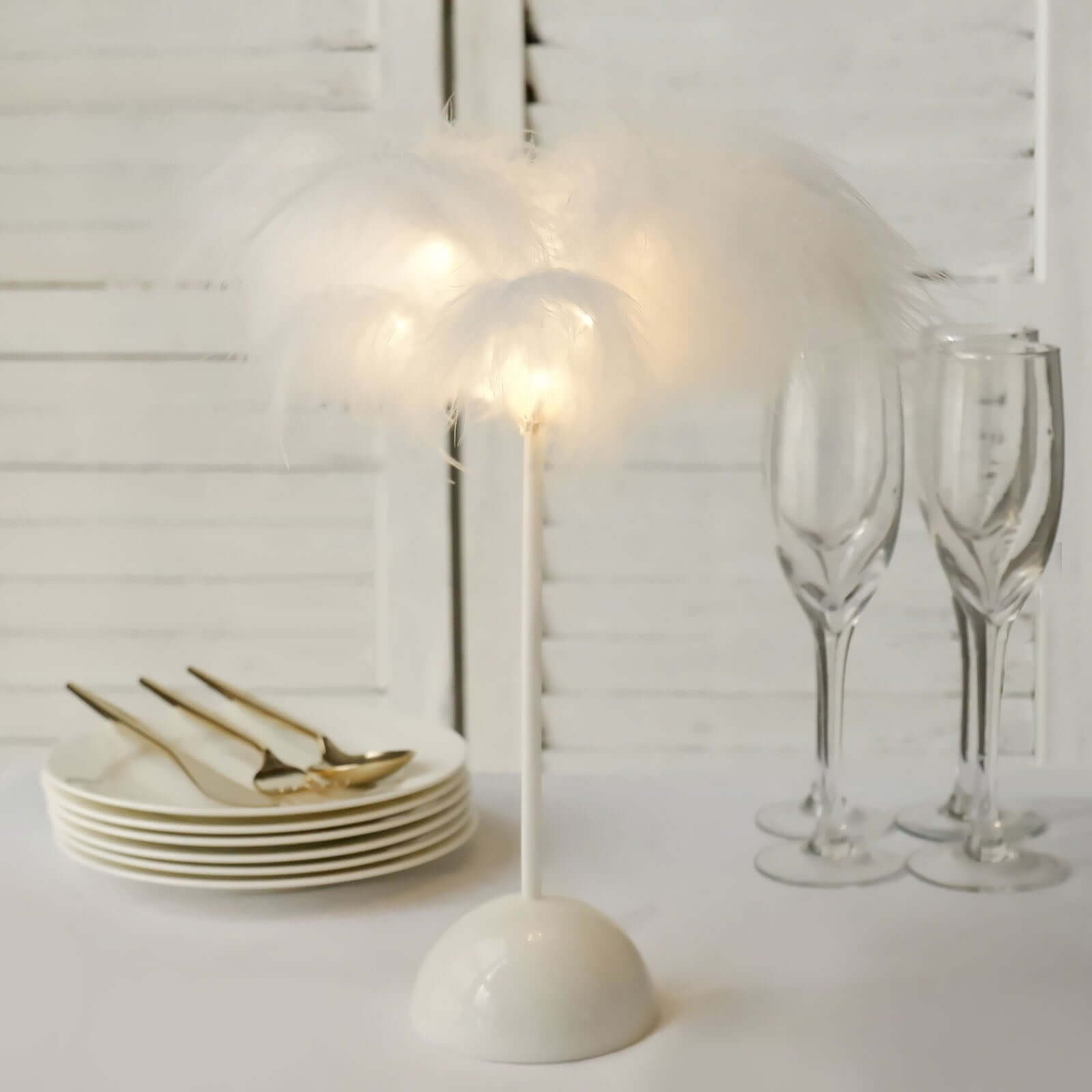Table Lamp Feather Design White LED Battery Operated - Cordless Wedding Centerpiece 15"