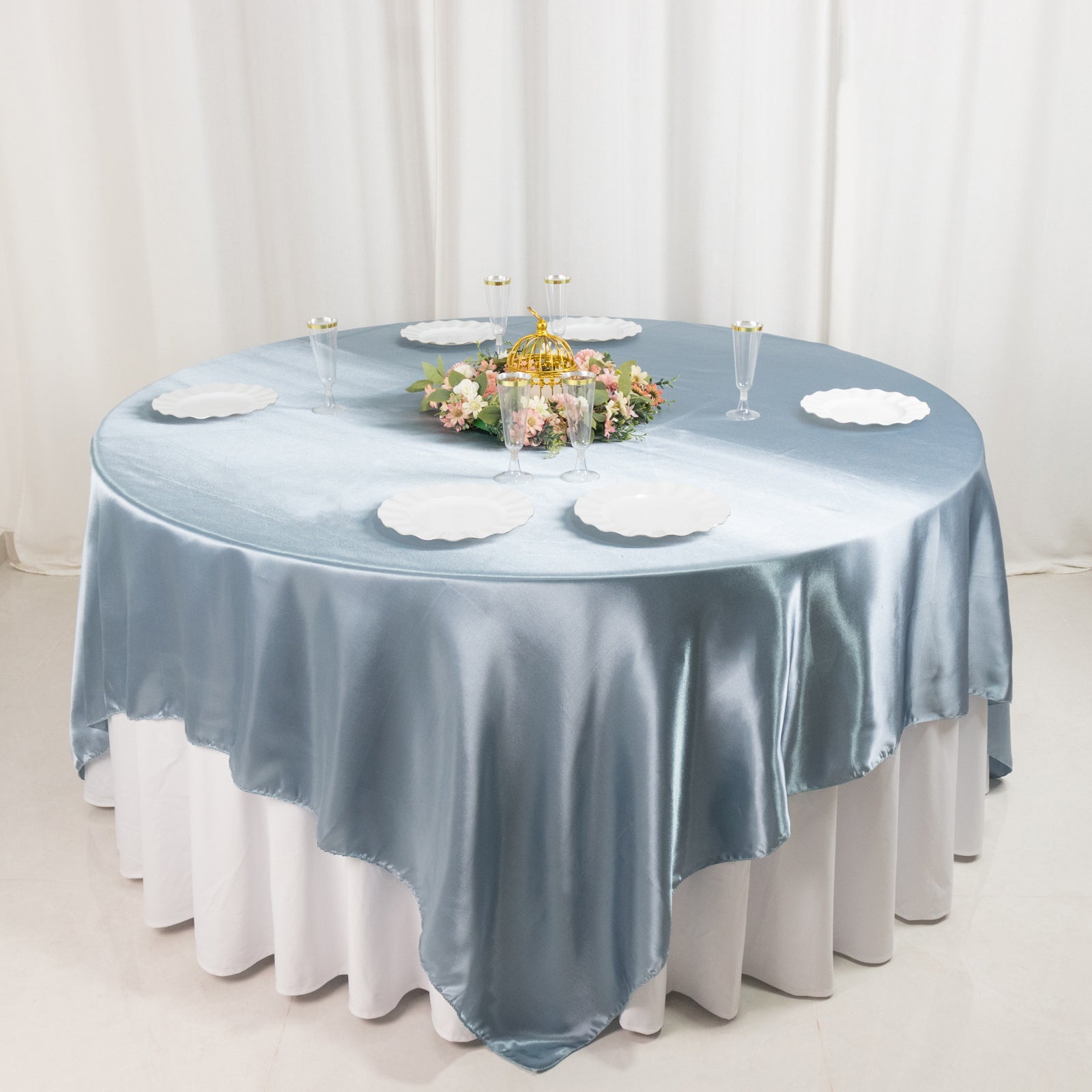 Satin 90"x90" Table Overlay Square Tablecloth Dusty Blue - Smooth Finish Table Topper