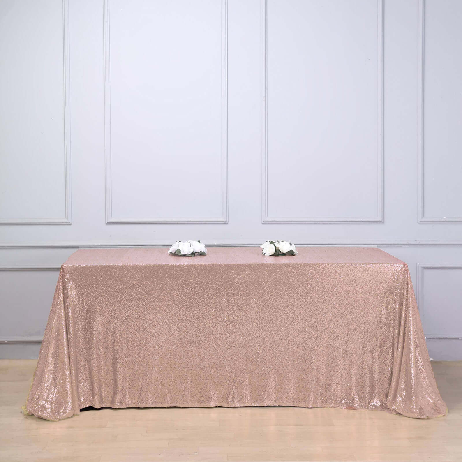 Sequin 90"x156" Rectangle Tablecloth Rose Gold - Seamless Twinkling Table Cover