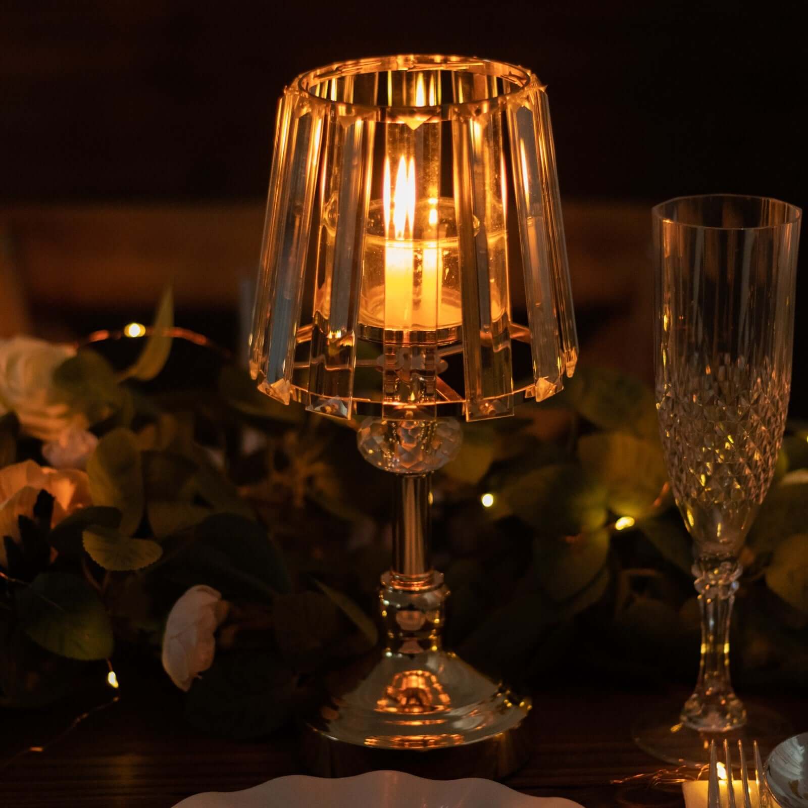 2-Pack 11" Crystal Pendant Candle Holders - Classic Empire Lamp Shade Style in Gold, Votive Candle Stand For Table Centerpieces