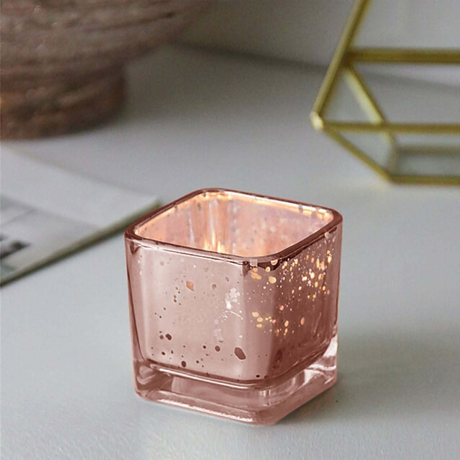 12-Pack Mercury Glass Candle Holders Rose Gold with Speckled Design - Square Votive Tealight Holders 2"