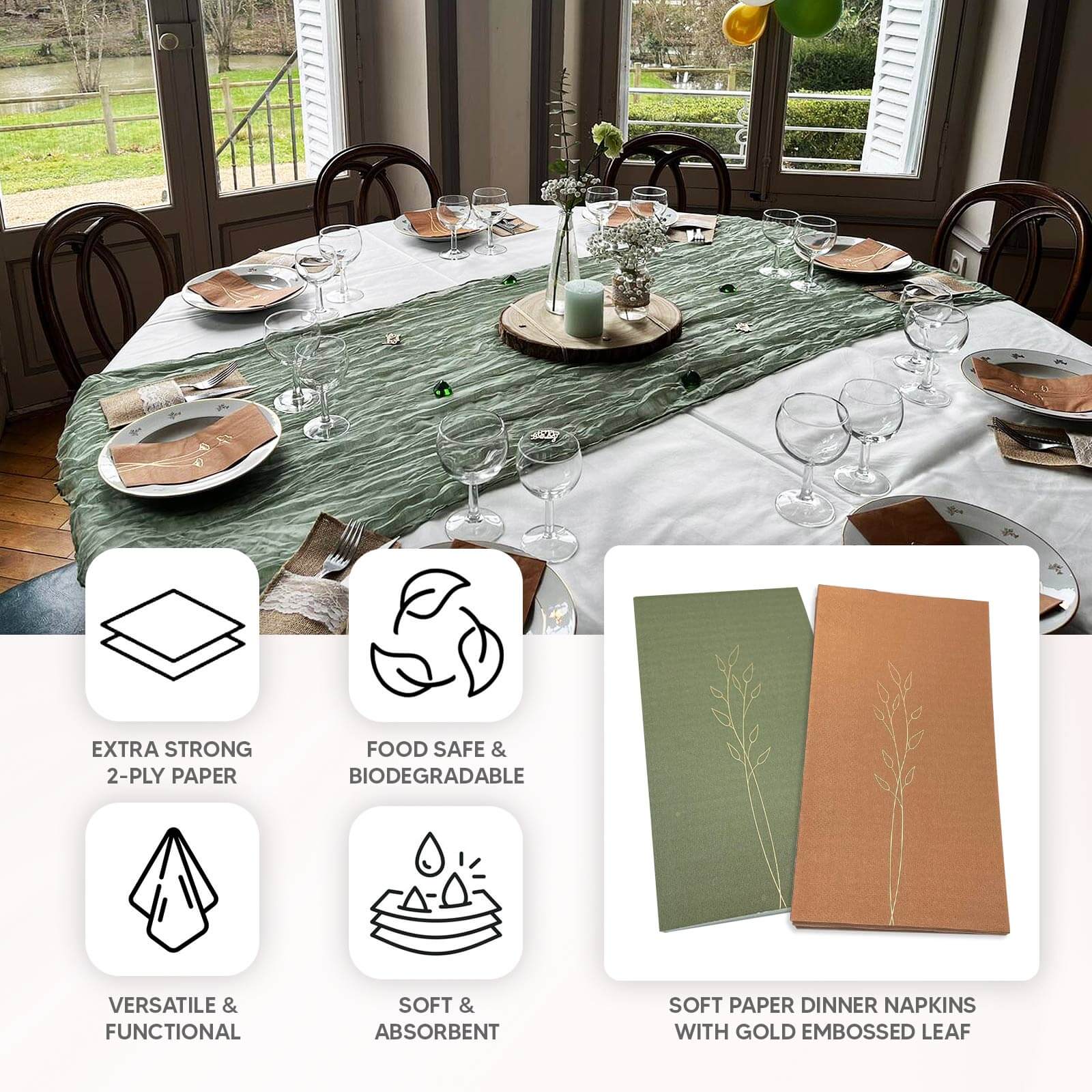 50-Pack Paper Dinner Napkins Olive Green with Gold Embossed Leaf - Stylish 2-Ply Disposable Napkins for Weddings 18GSM