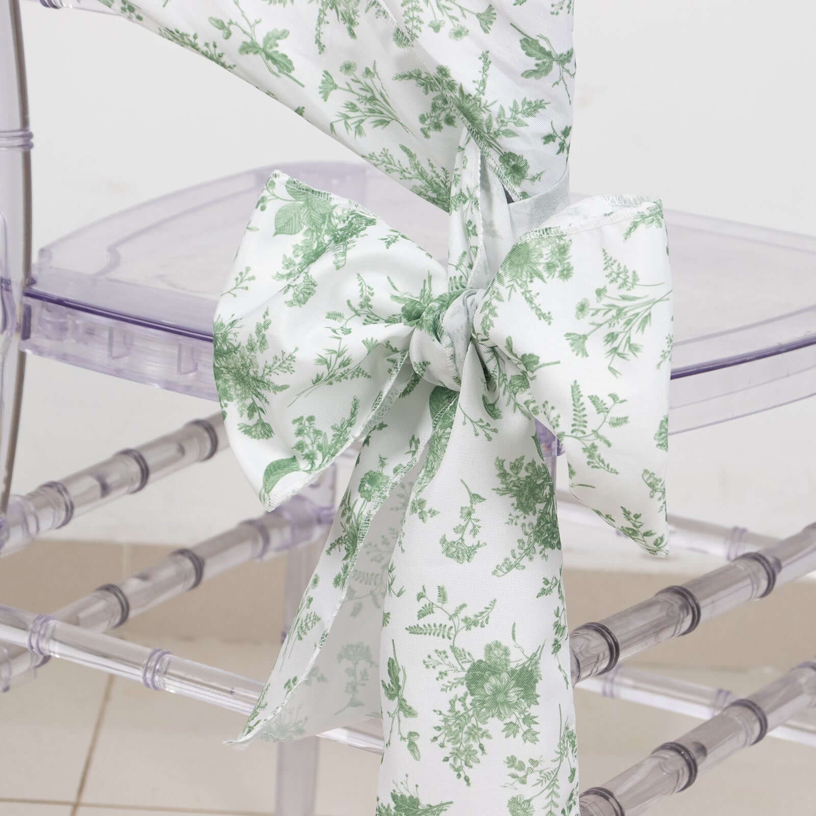 5 Pack Polyester Chair Sashes Dusty Sage Green French Toile Floral Design - Stylish Durable and Reusable Chair Bows 6"x108"