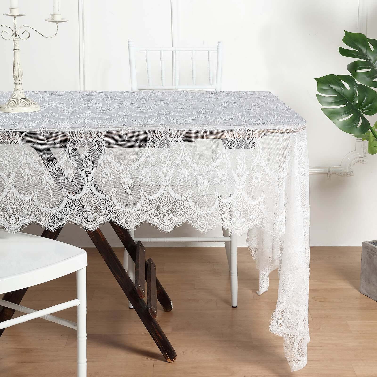 Lace 60"x120" Rectangle Tablecloth White - Vintage Lace Design with Scalloped Frill Edges for Refined Occasions